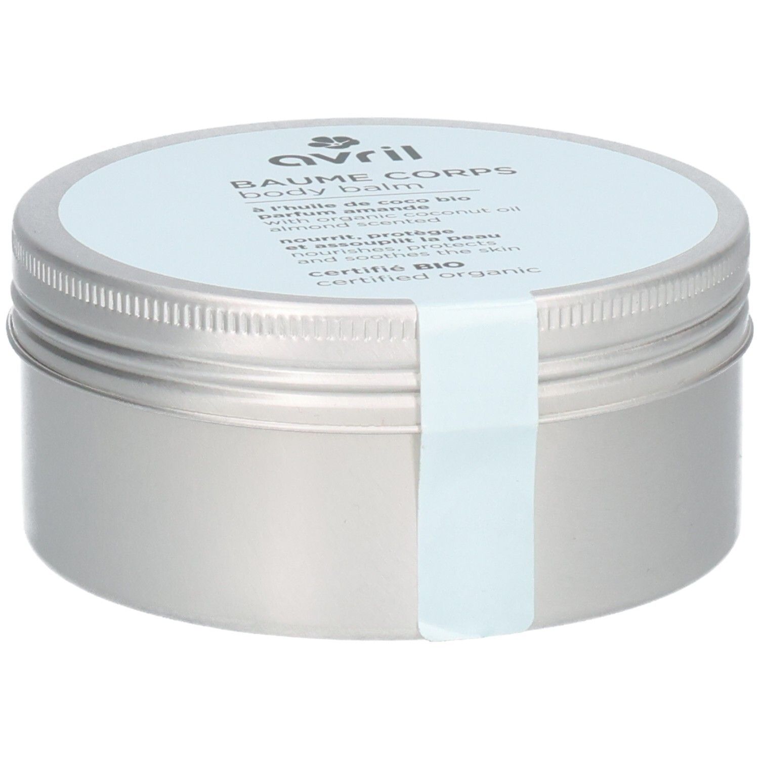 Runde, silberfarbene Dose mit hellblauem Deckel. Aufschrift: Avril, Baume Corps, Body Balm. Zertifiziert Bio.