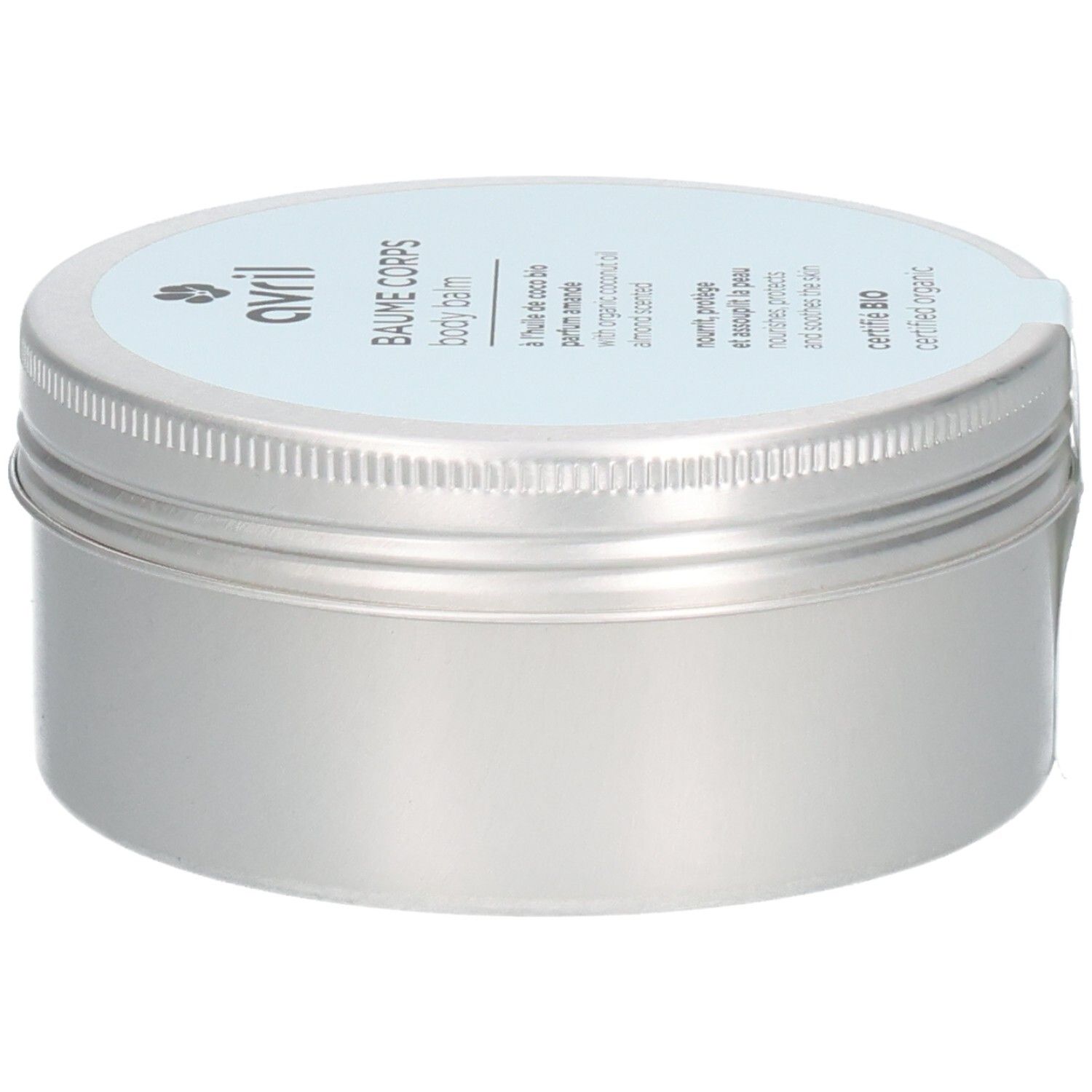 Silberfarbene Dose mit hellblauem Deckel. Aufschrift: Avril, Baume Corps, Body Balm. Zertifiziert Bio. Ein hellblauer Aufkleber.
