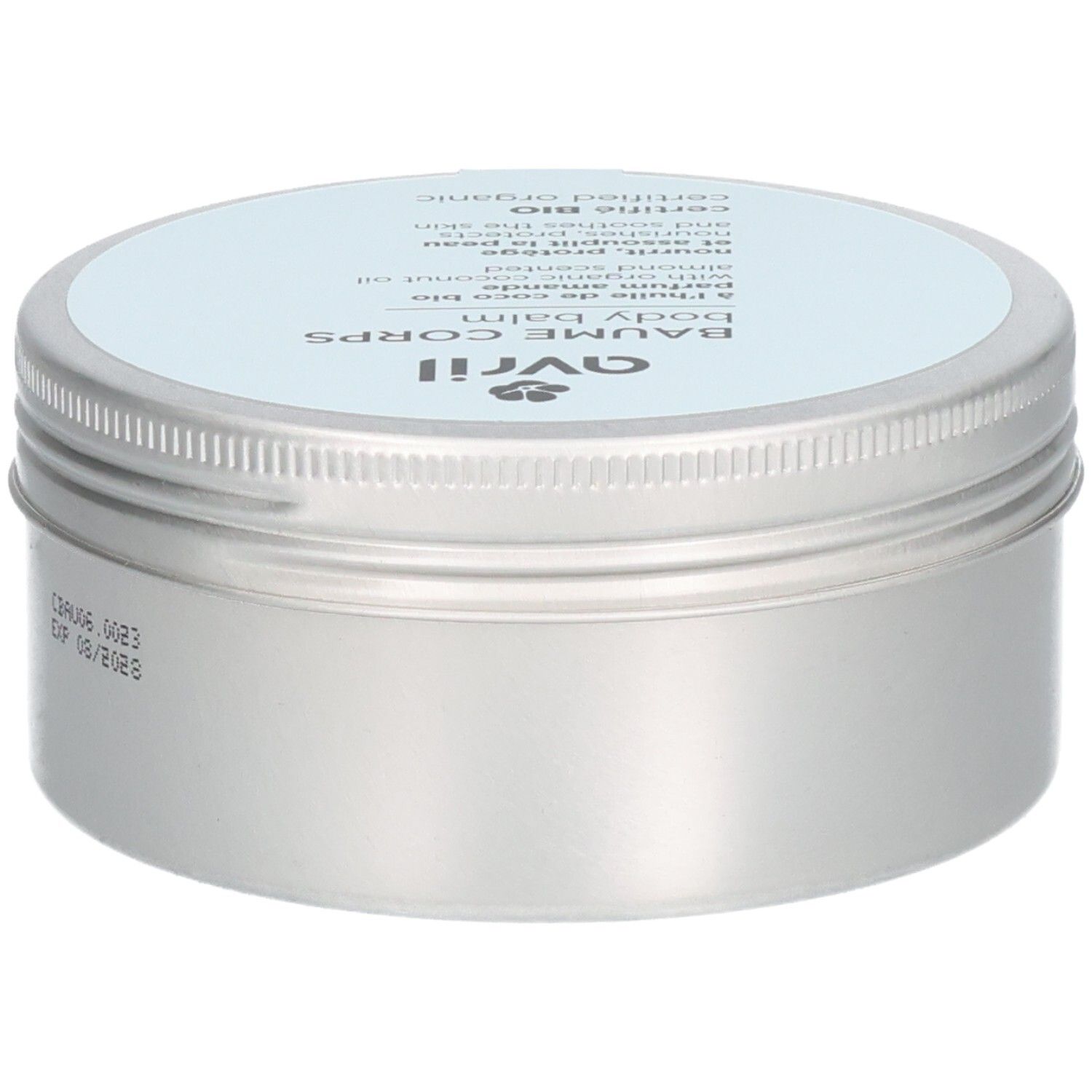 Silberfarbene Dose mit hellblauem Deckel. Aufschrift: Avril, Baume Corps, Body Balm. Zertifiziert Bio. Auf der Seite: Haltbarkeitsdatum.