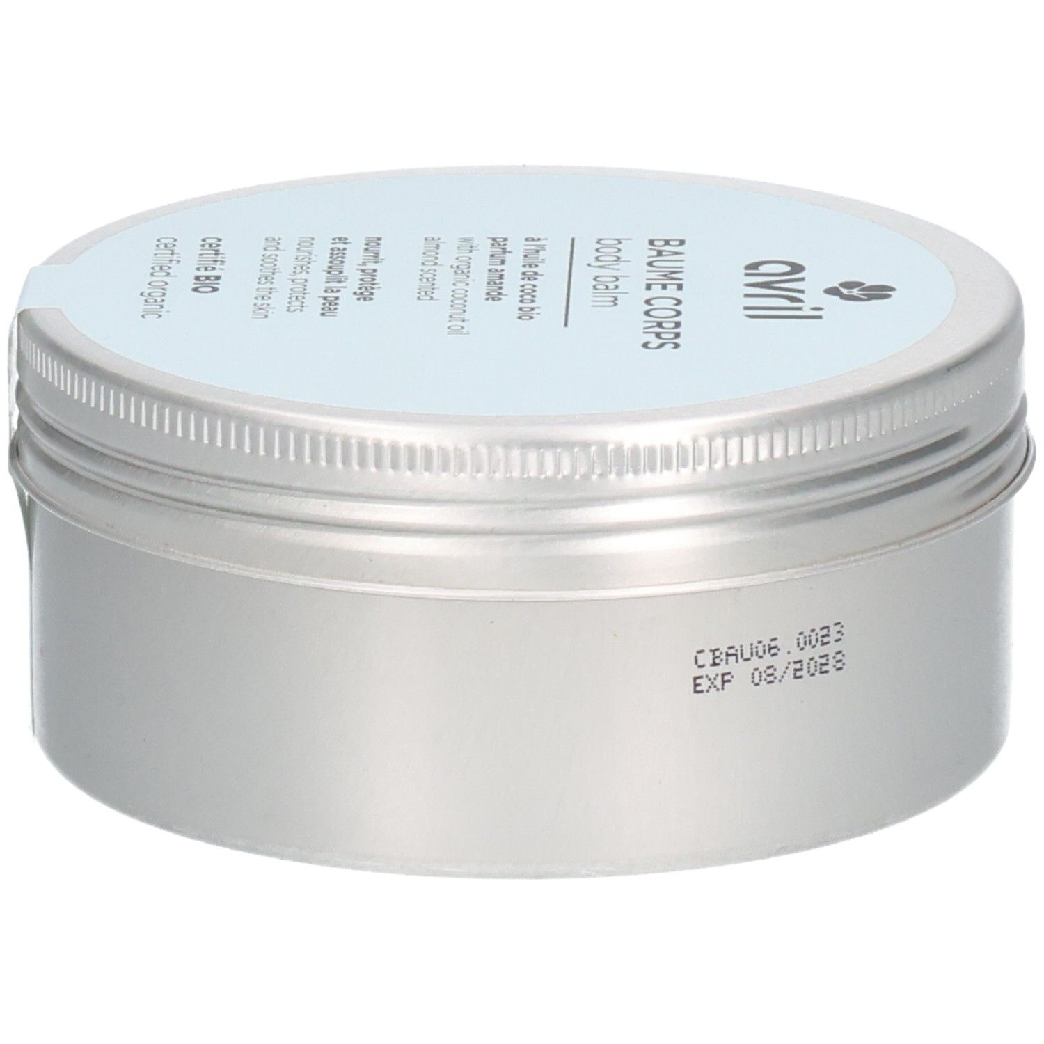 Silberfarbene Dose mit hellblauem Deckel. Aufschrift: Avril, Baume Corps, Body Balm. Zertifiziert Bio. Auf der Seite: Haltbarkeitsdatum.