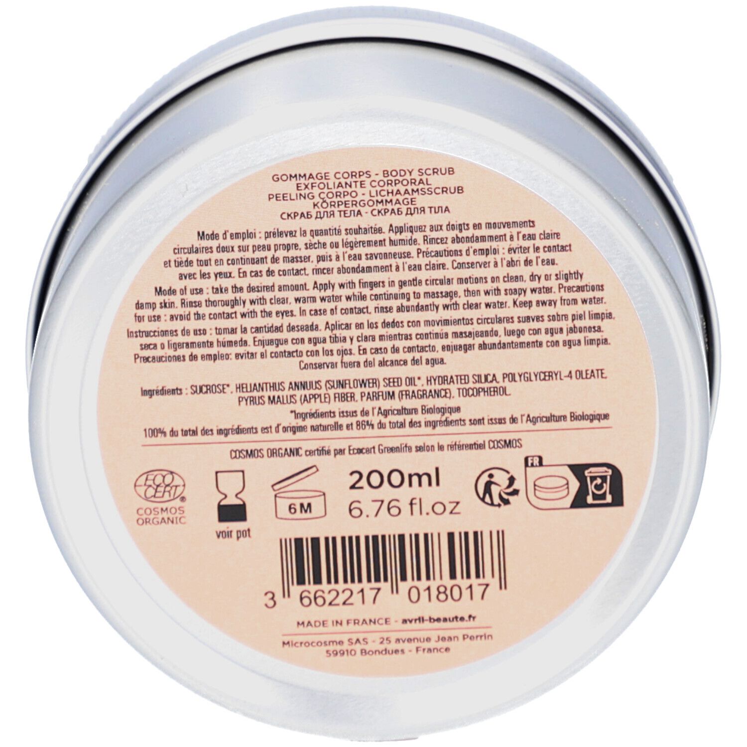 Runder Tiegelboden mit Text. Inhaltsstoffe, Gebrauchsanweisung, Zertifizierungen, Volumenangabe: 200ml.