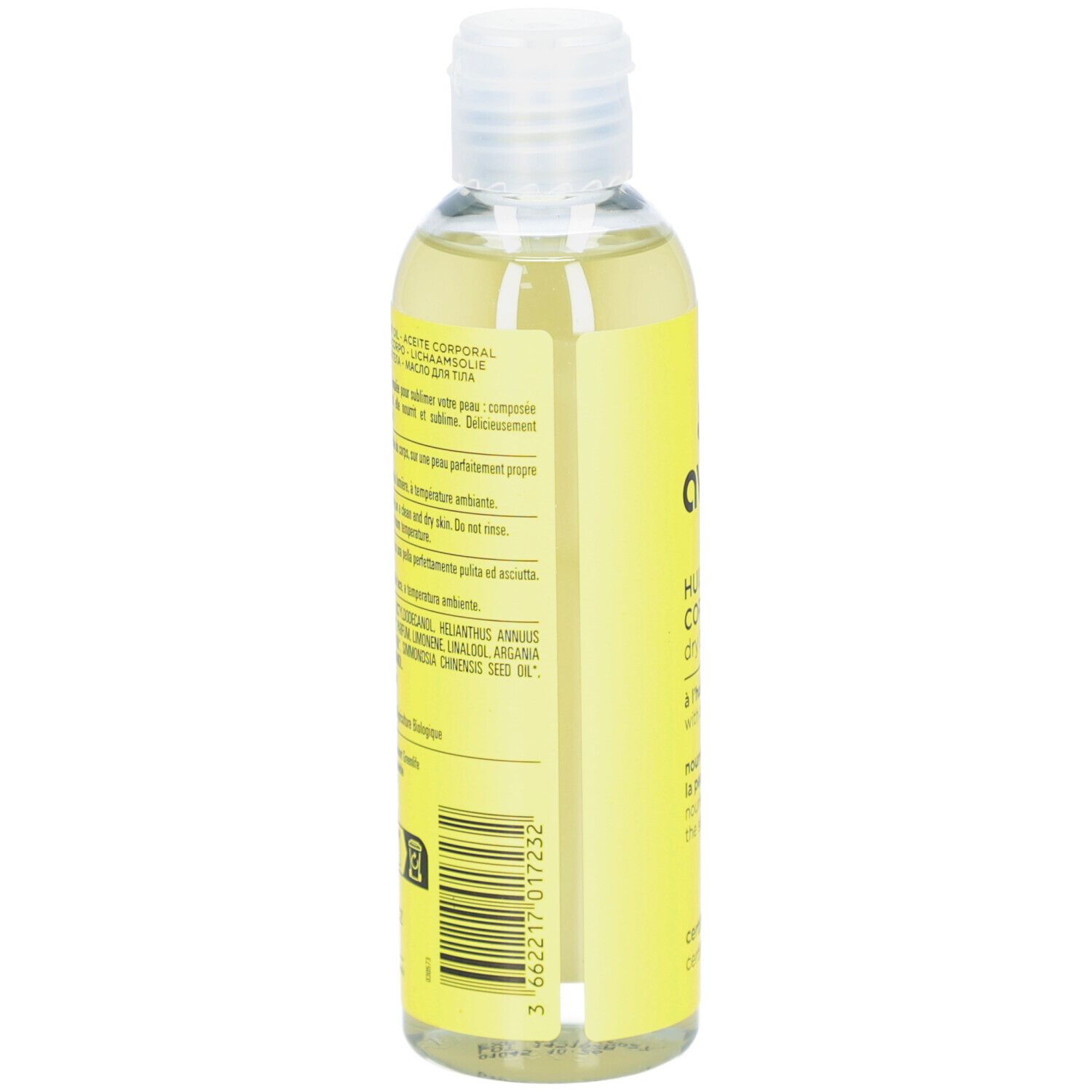 Gelbe Flasche mit durchsichtigem Öl. Rückseite mit Text. Aufschrift: Huile Sèche Corporelle. Bio-Zertifizierung.