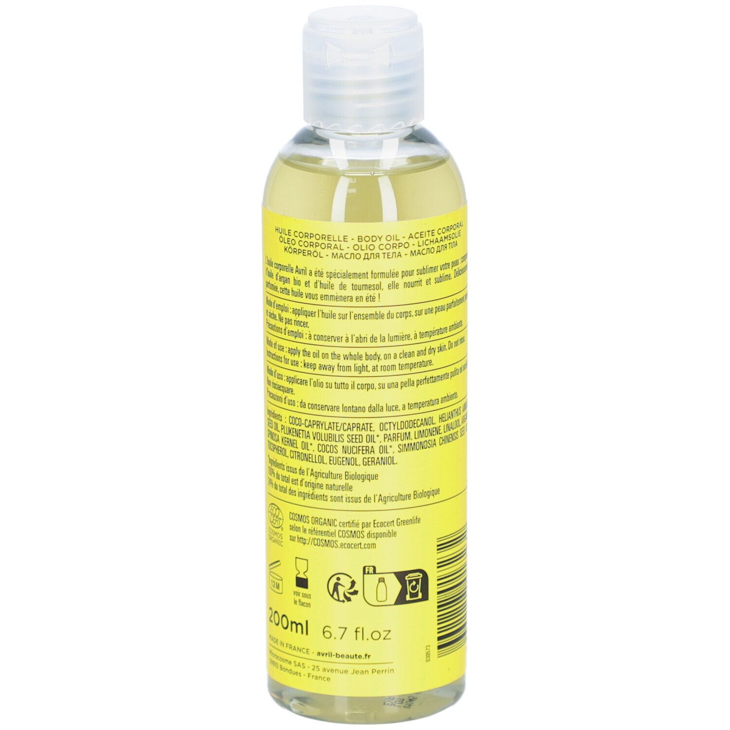 Gelbe Flasche mit durchsichtigem Öl. Rückseite mit Text und Inhaltsangaben. Bio-Zertifizierung. 200ml.