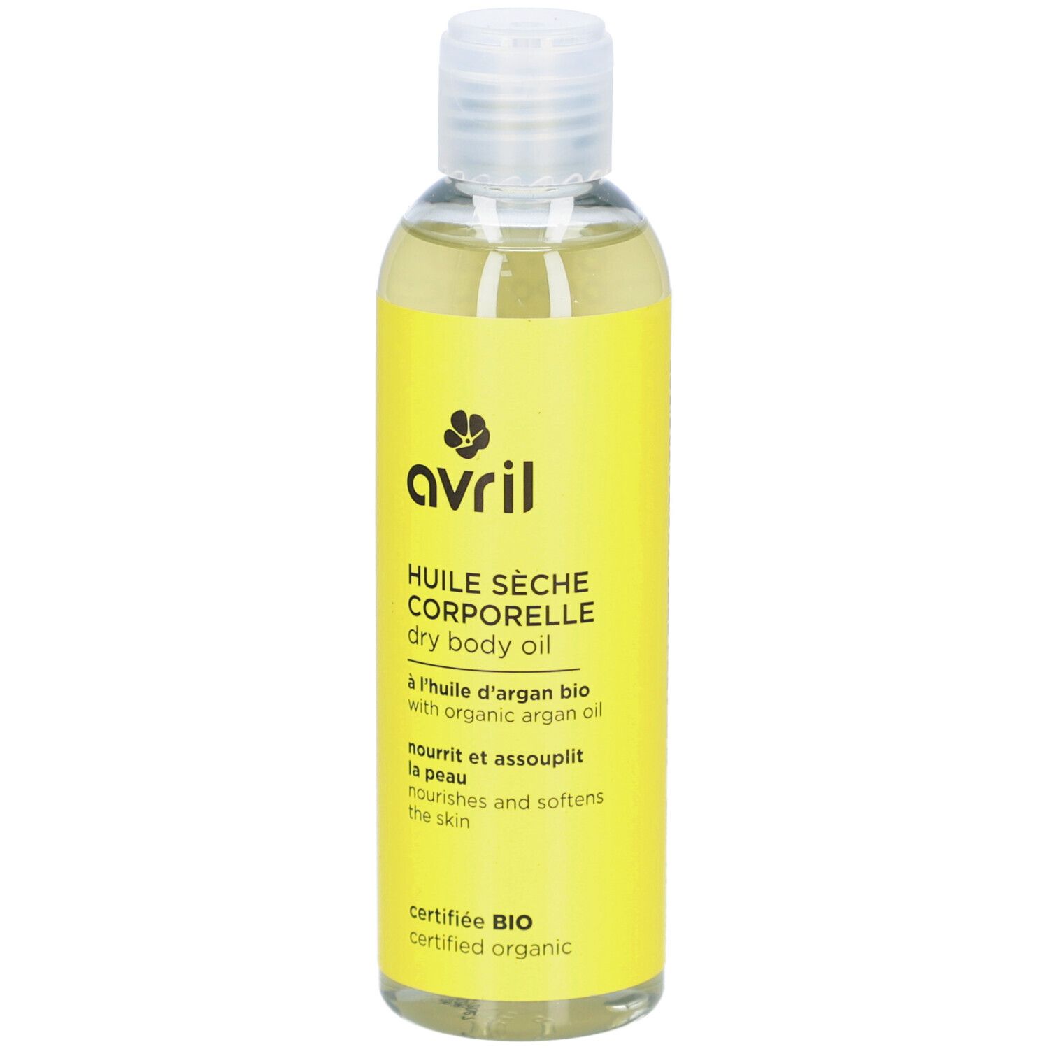 Gelbe Flasche mit durchsichtigem Öl. Aufschrift: Avril, Huile Sèche Corporelle, dry body oil. Bio-Zertifizierung.
