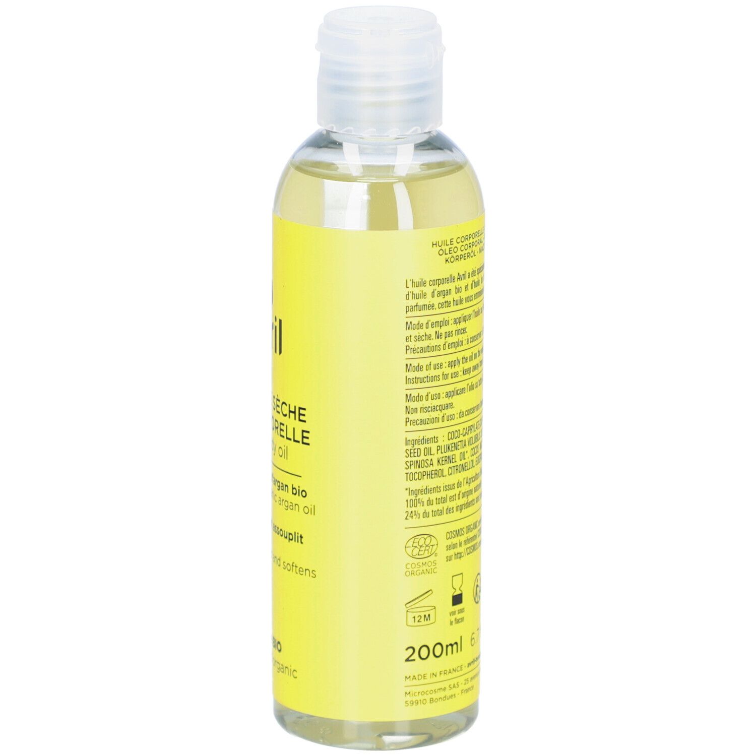 Gelbe Flasche mit durchsichtigem Öl. Rückseite mit Text. Aufschrift: Huile Sèche Corporelle. 200ml.