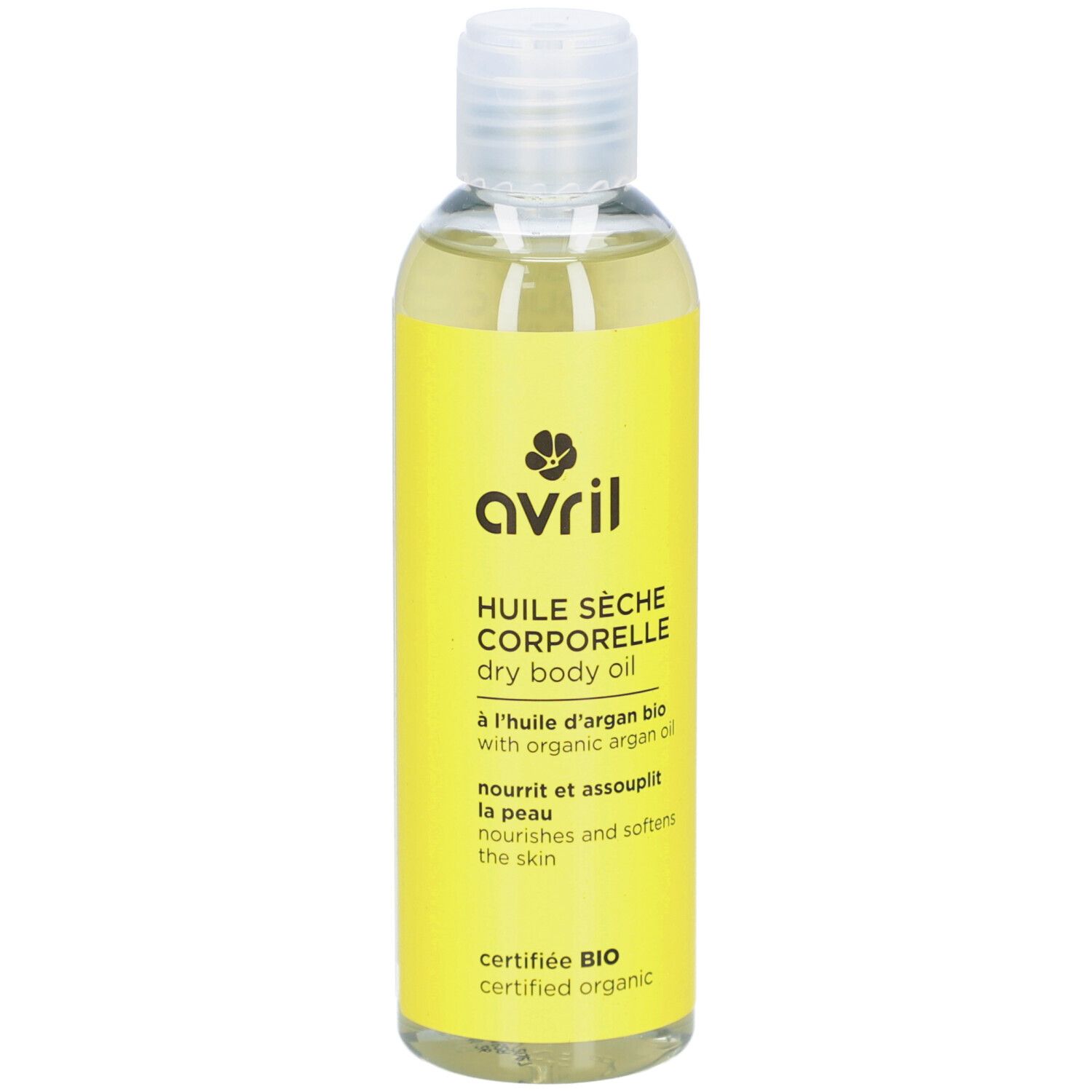 Gelbe Flasche mit durchsichtigem Öl. Aufschrift: Avril, Huile Sèche Corporelle, dry body oil. Bio-Zertifizierung.