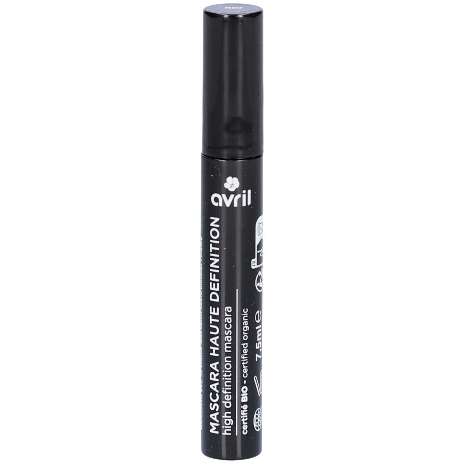 Schwarze Mascara-Tube mit Schriftzug "Mascara Haute Definition" und "Avril". Zertifiziertes Bio-Produkt.