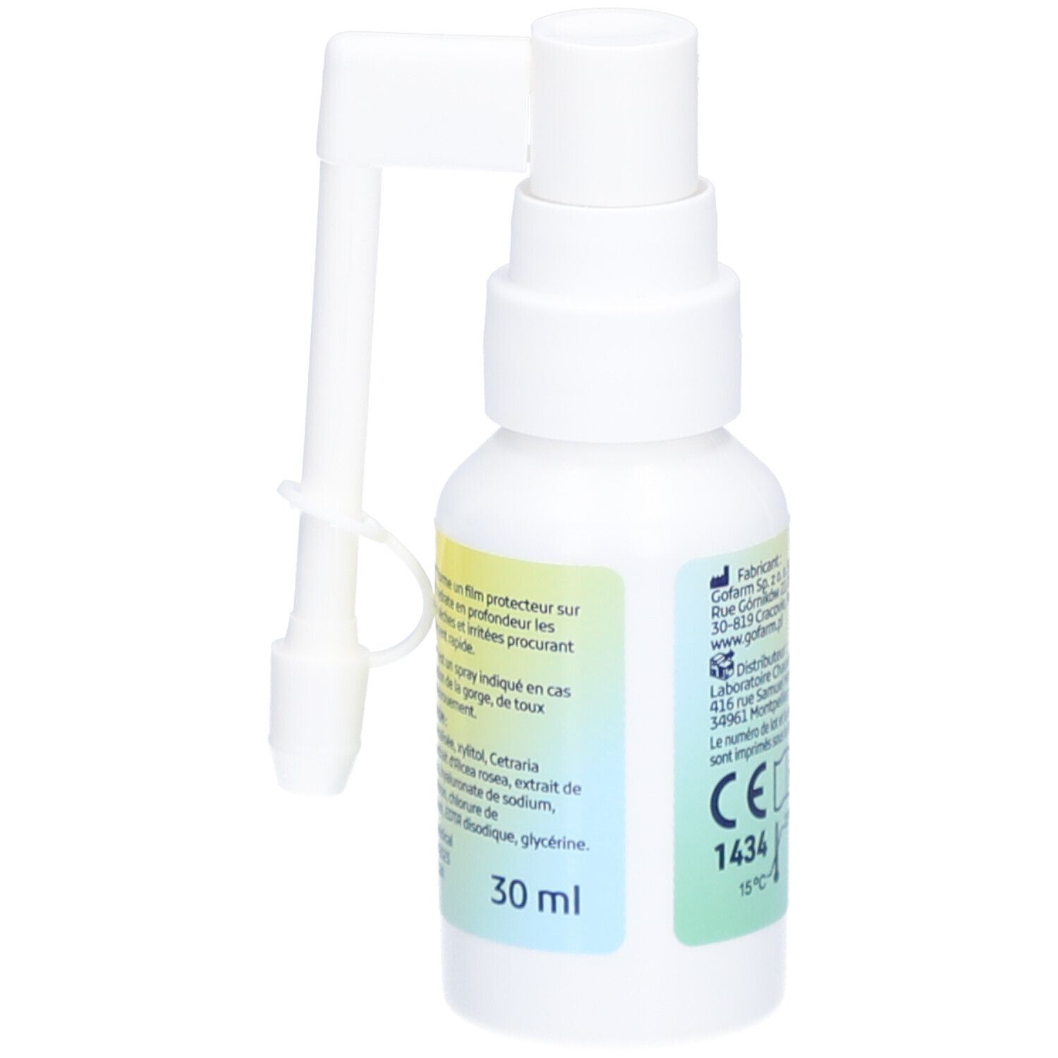 Flacon spray blanc avec étiquette jaune. Inscription: Collurynx Spray gorge. Avec tête de pulvérisation et capuchon. Volume: 30 ml.
