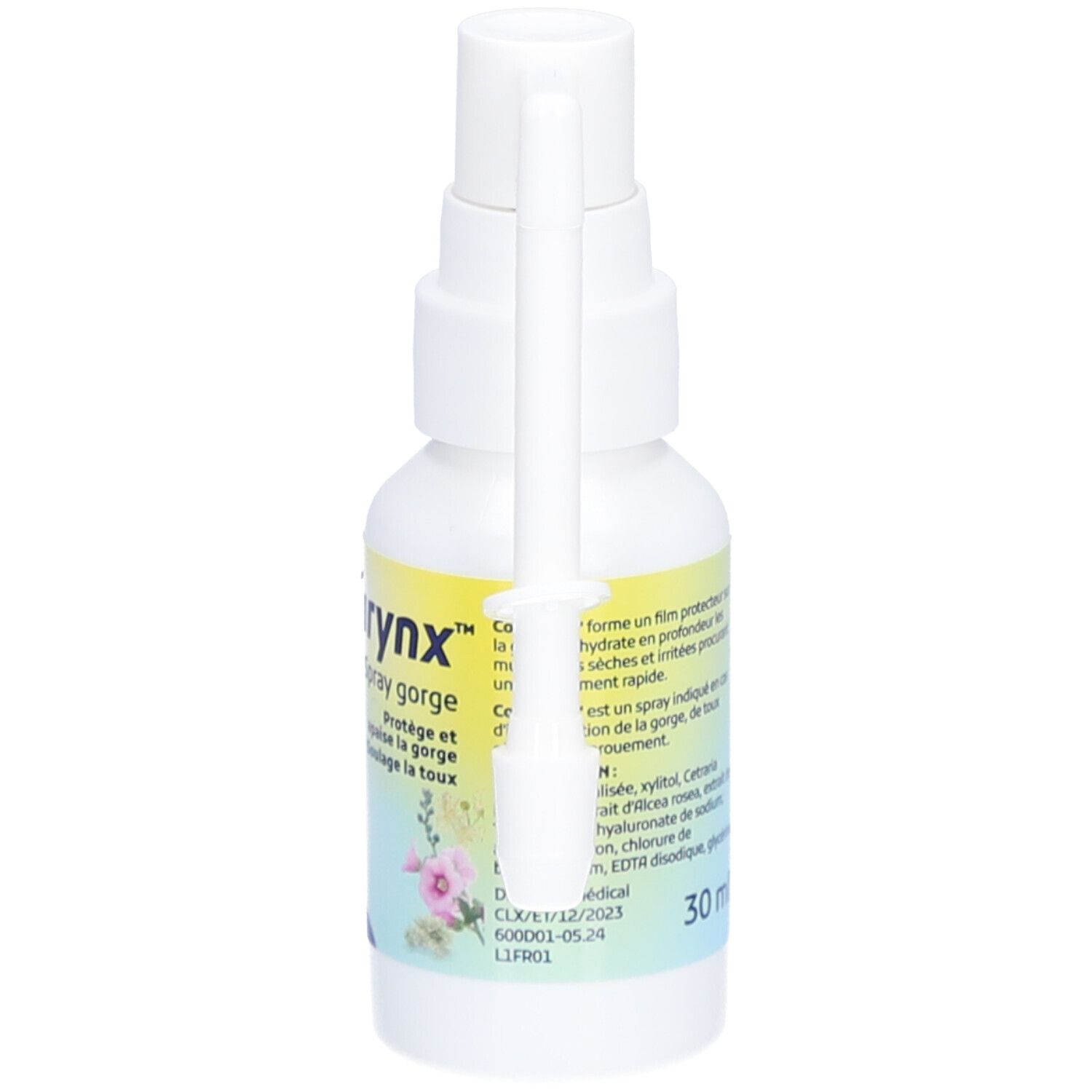 Flacon spray blanc avec étiquette jaune. Inscription: Collurynx Spray gorge. Avec tête de pulvérisation et capuchon. Volume: 30 ml.