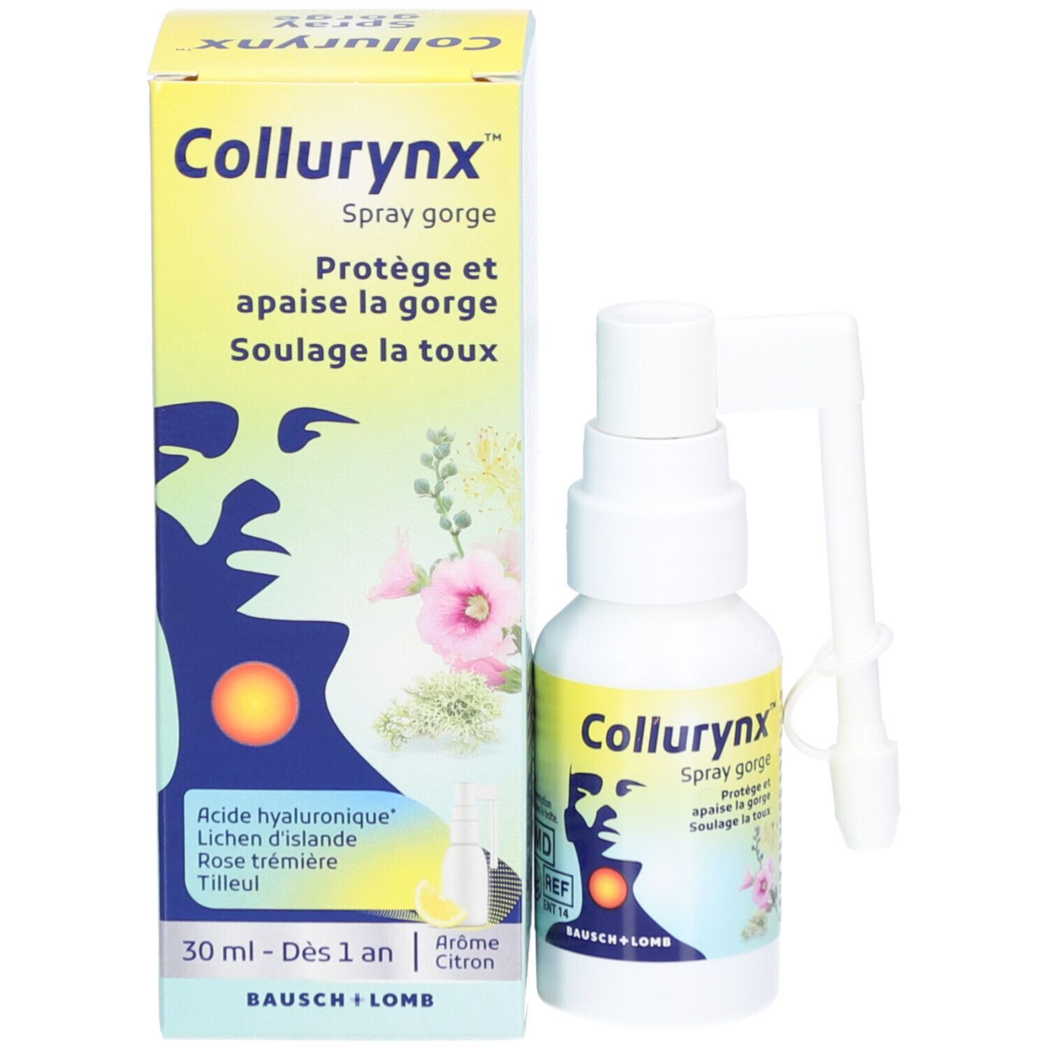 Emballage et flacon spray. Inscription: Collurynx Spray gorge. Avec tête de pulvérisation et capuchon. Volume: 30 ml.