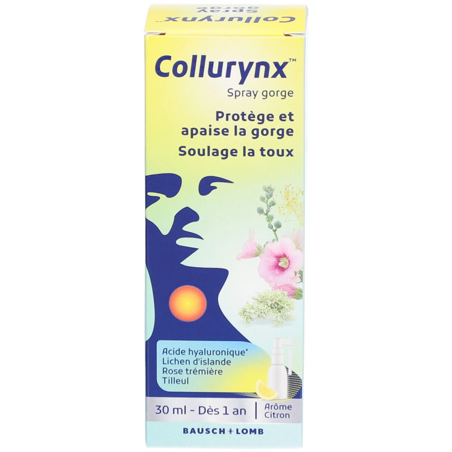 Emballage du produit. Inscription: Collurynx Spray gorge. Volume: 30 ml. Avec flacon spray.