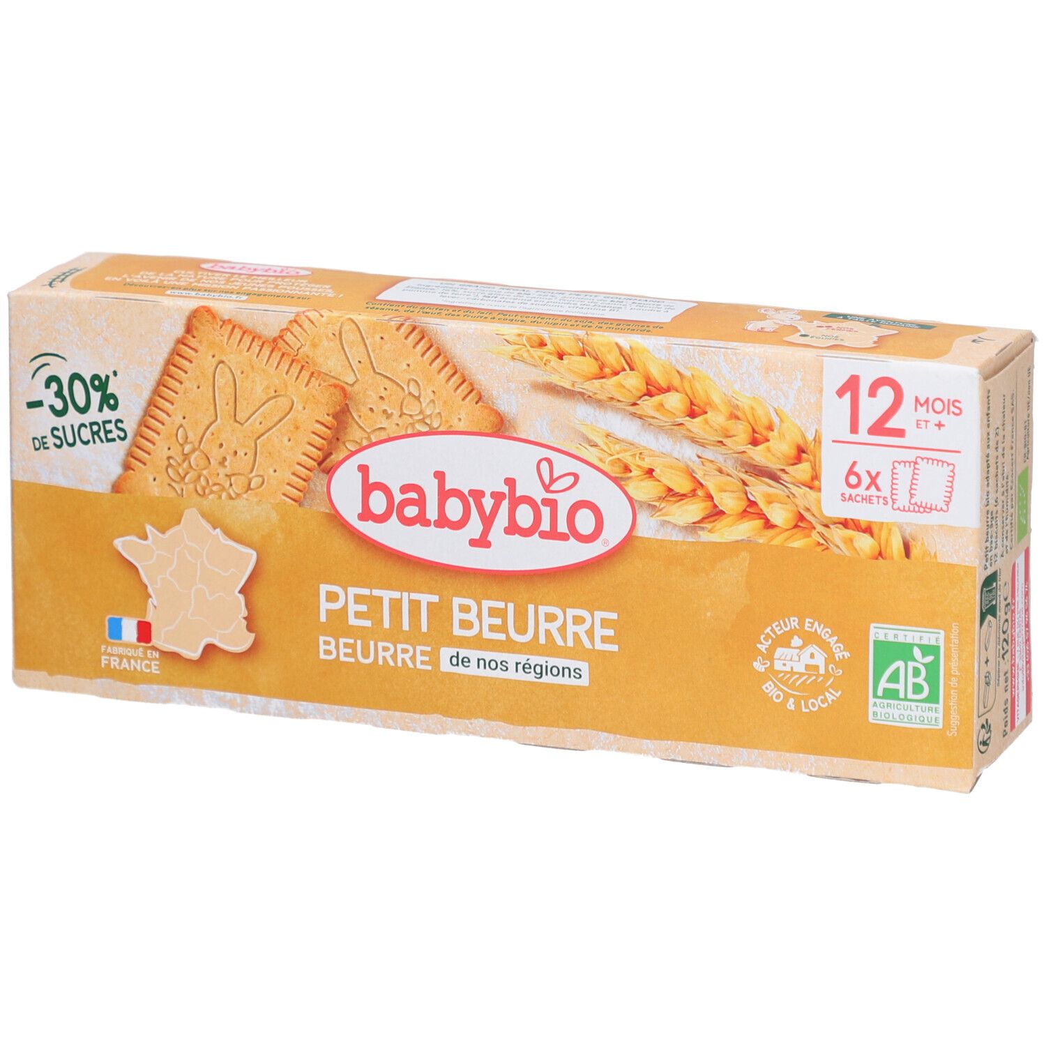 Boîte de biscuits Babybio Petit Beurre. Inscriptions : -30% de sucres, 12 mois+, 6 sachets, label AB bio, Fabriqué en France.