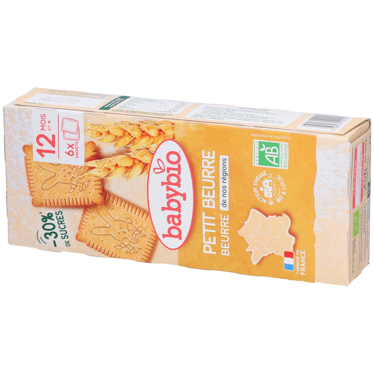 Boîte de biscuits Babybio Petit Beurre. Inscriptions : Babybio, Petit Beurre, -30% de sucres, 12 mois+, 6 sachets, label AB bio, Fabriqué en France.