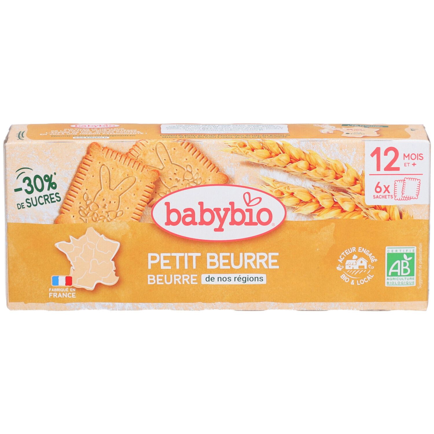 Boîte de biscuits Babybio Petit Beurre. Inscriptions : Babybio, Petit Beurre, -30% de sucres, 12 mois+, 6 sachets, label AB bio, Fabriqué en France.