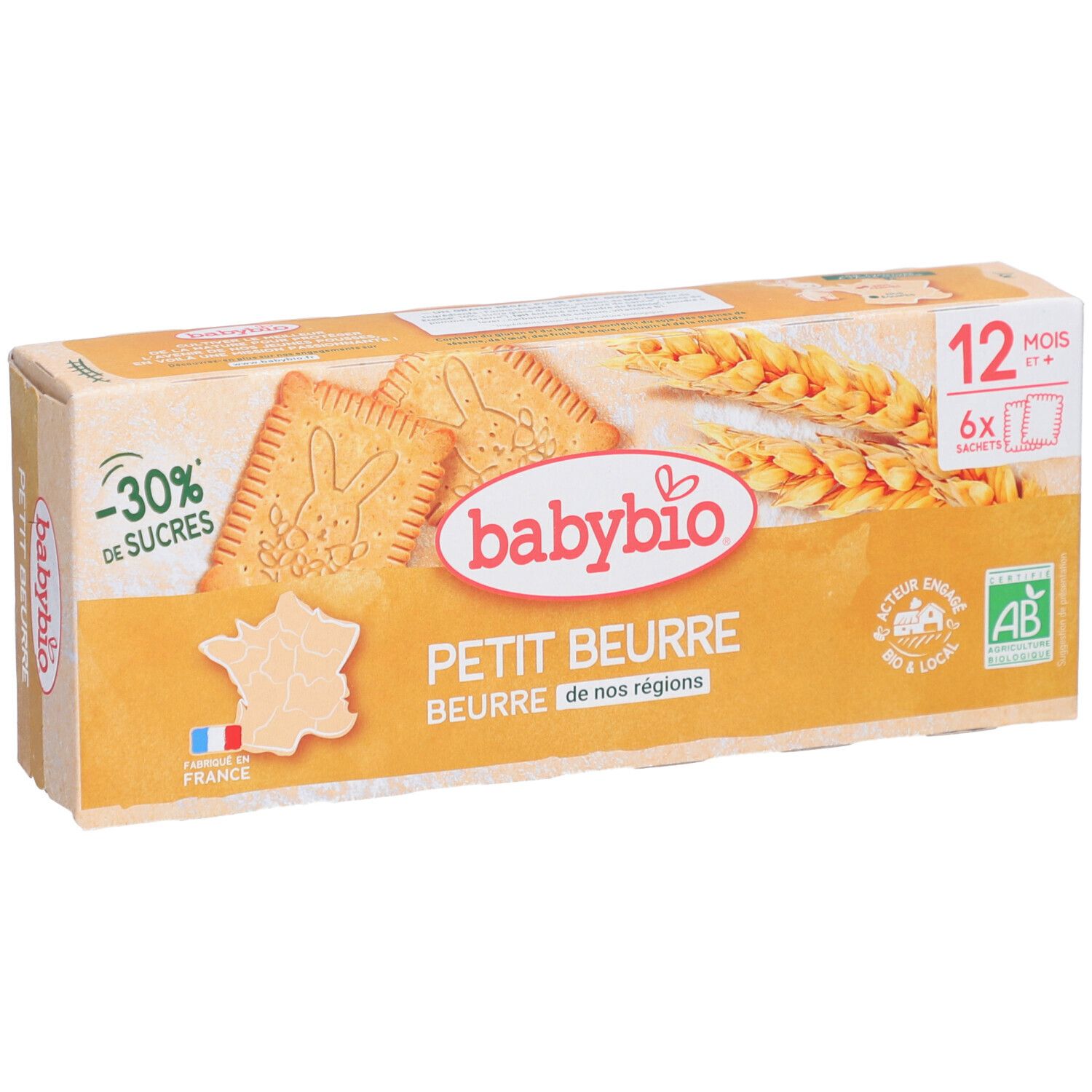 Boîte de biscuits Babybio Petit Beurre. Inscriptions : Babybio, Petit Beurre, -30% de sucres, 12 mois+, 6 sachets, label AB bio, Fabriqué en France.