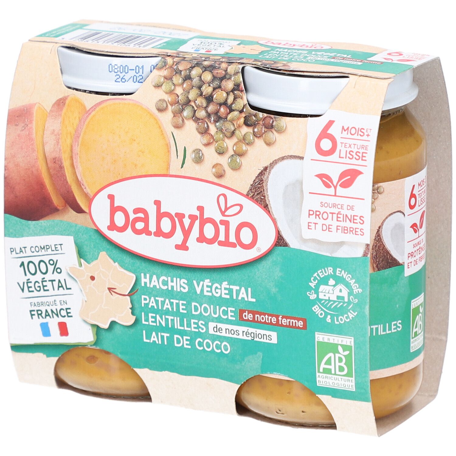 Emballage BABYBIO Hachis Végétal. Ingrédients : patate douce, lentilles, lait de coco. 100% végétal, fabriqué en France. 6 mois.