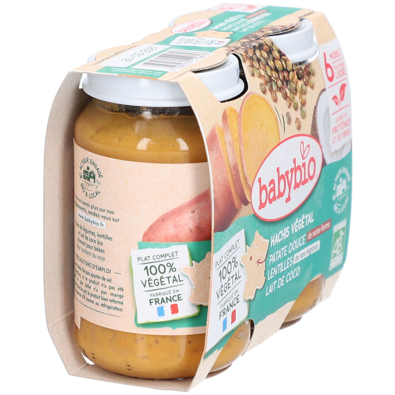 Emballage BABYBIO Hachis Végétal. Ingrédients : patate douce, lentilles, lait de coco. 100% végétal, fabriqué en France. 6 mois.