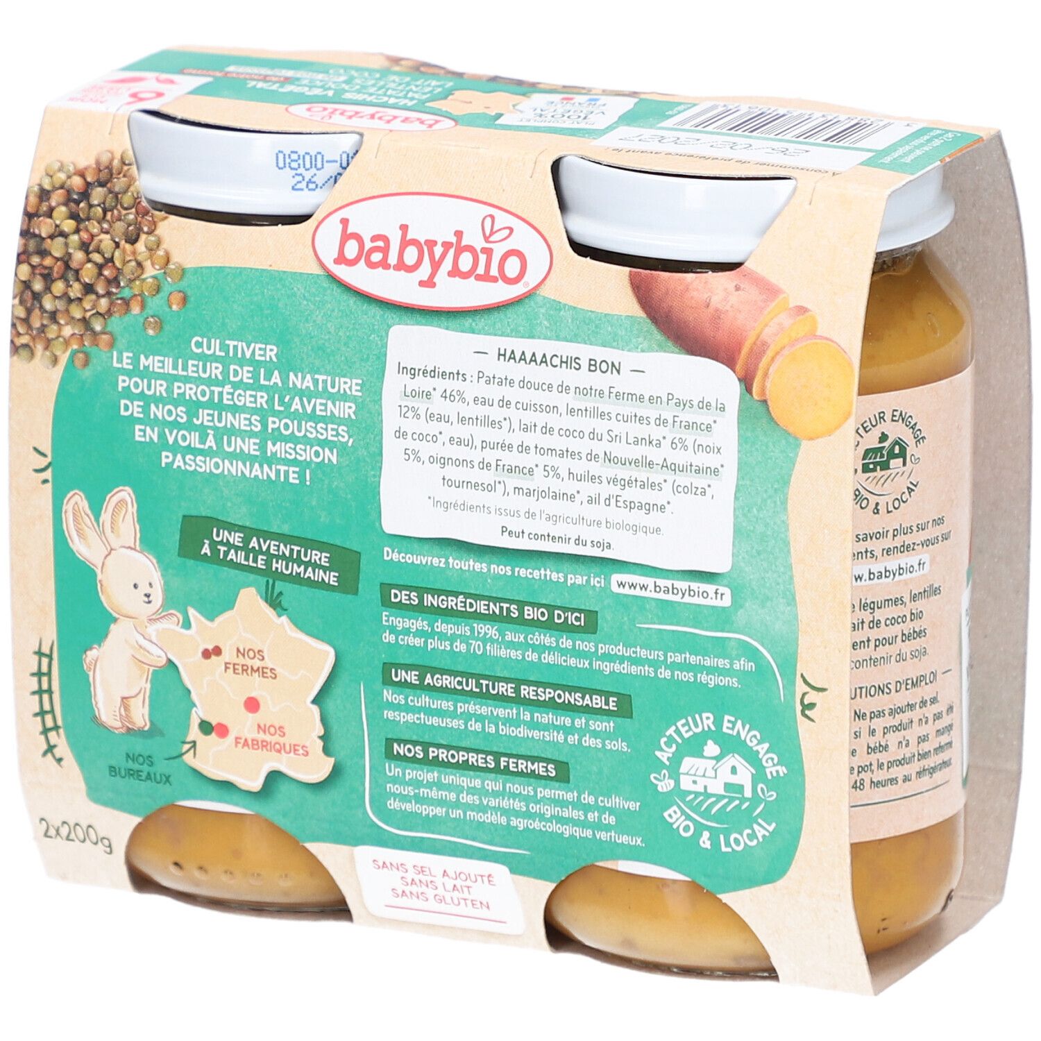 Emballage BABYBIO Hachis Végétal. Ingrédients : patate douce, lentilles, lait de coco. 100% végétal, fabriqué en France. 6 mois.