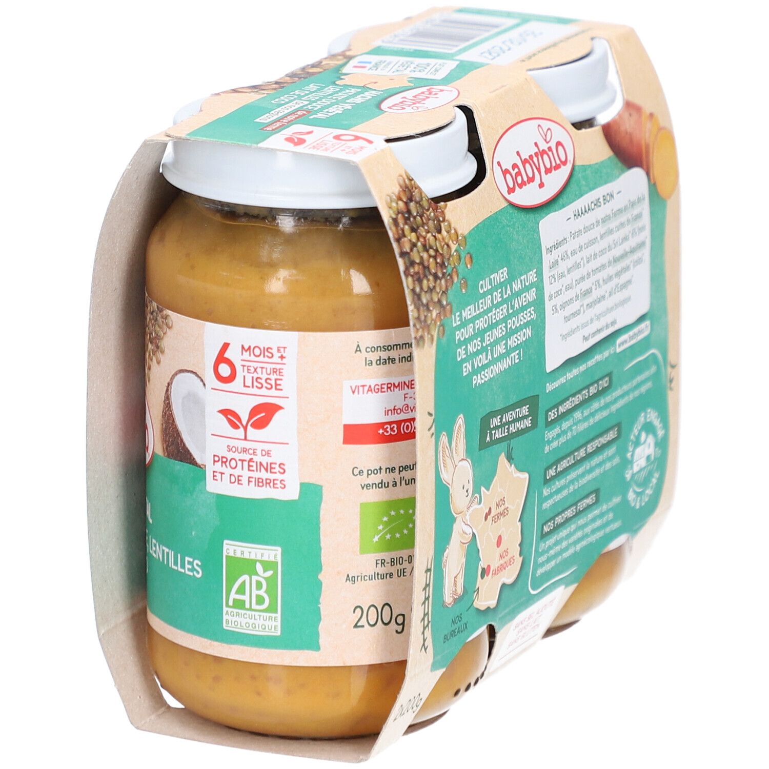Emballage BABYBIO Hachis Végétal. Ingrédients : patate douce, lentilles, lait de coco. 100% végétal, fabriqué en France. 6 mois.