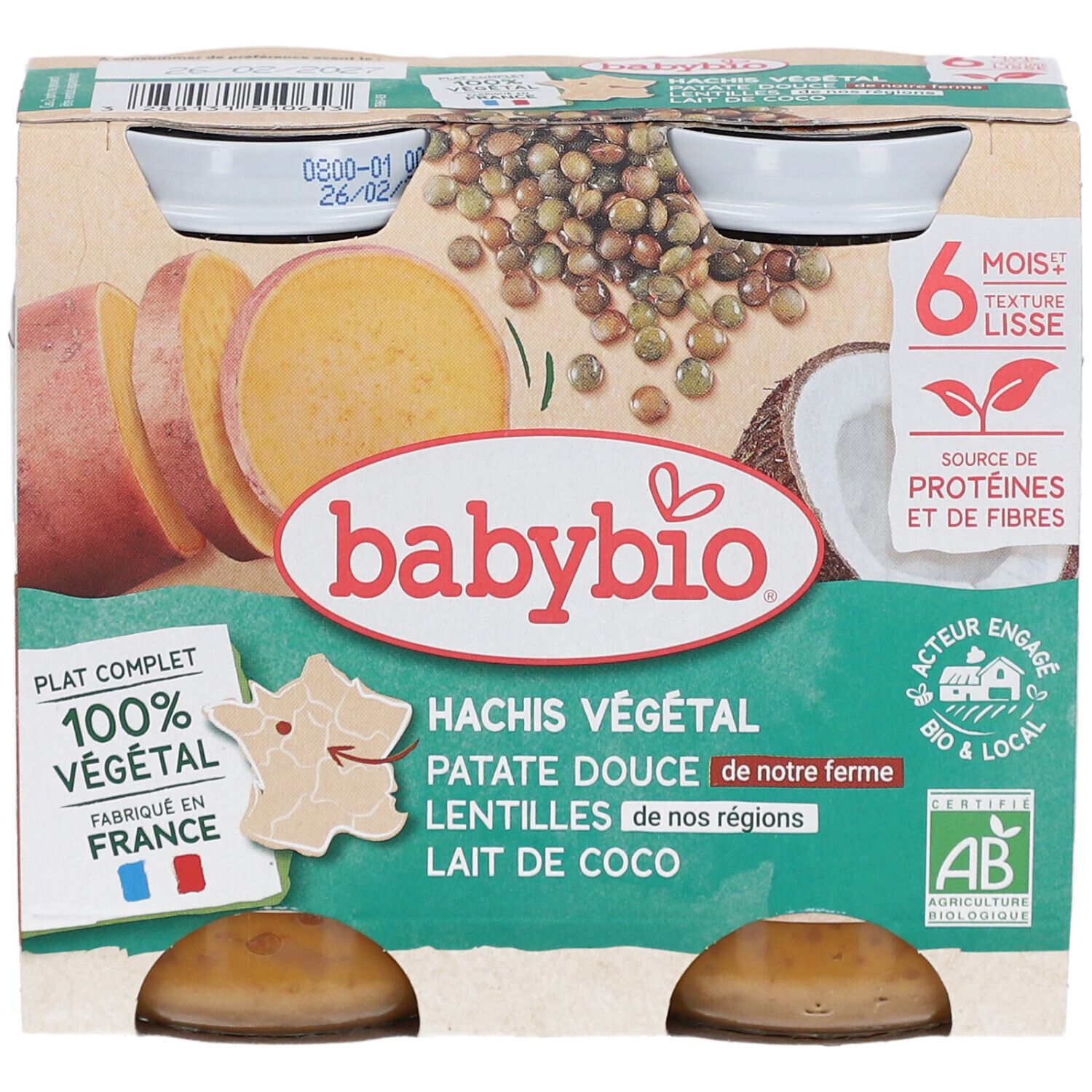 Emballage BABYBIO Hachis Végétal. Ingrédients : patate douce, lentilles, lait de coco. 100% végétal, fabriqué en France. 6 mois.