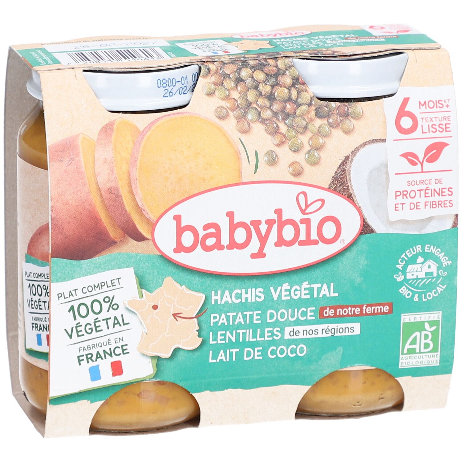 Emballage BABYBIO Hachis Végétal. Ingrédients : patate douce, lentilles, lait de coco. 100% végétal, fabriqué en France. 6 mois.