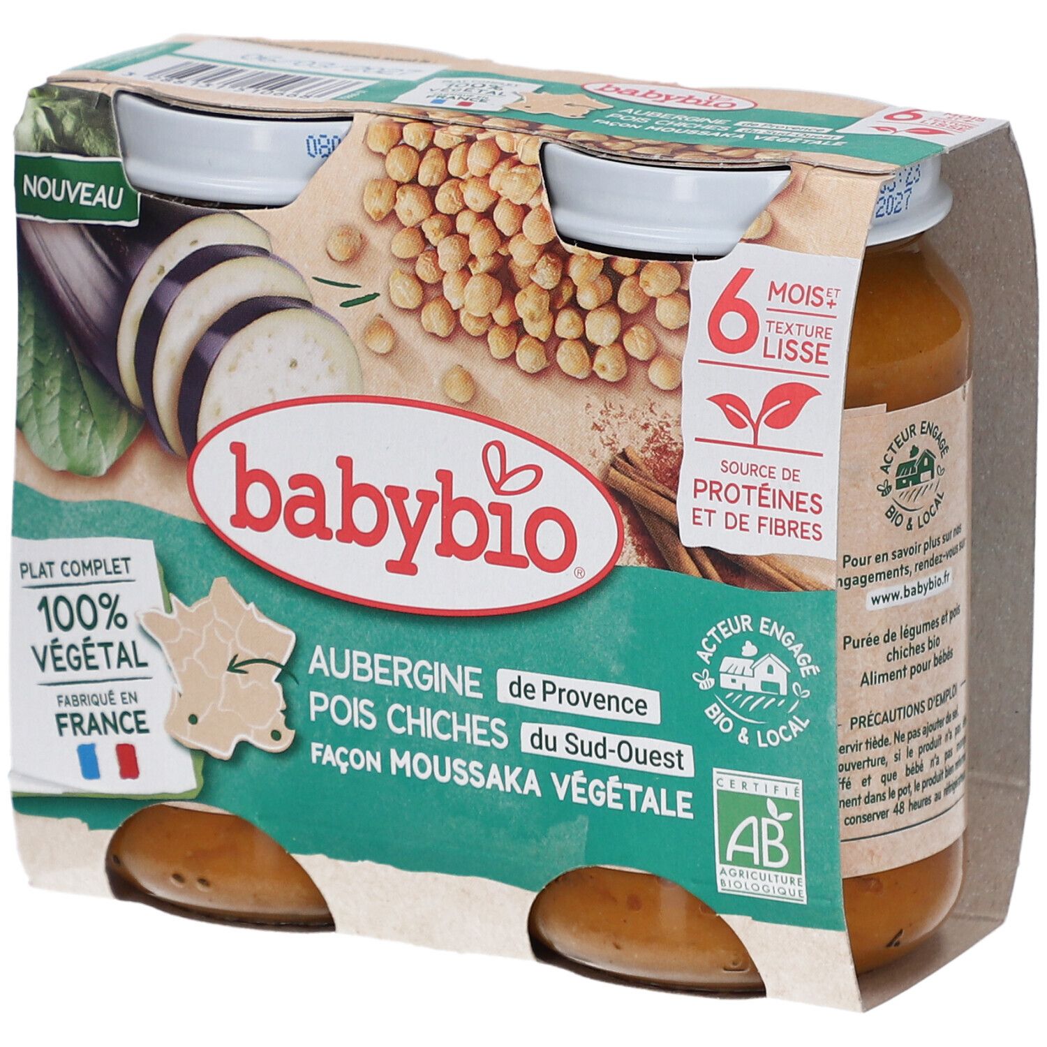 Emballage BABYBIO avec deux pots. Inscriptions: Aubergine Pois Chiche, 100% végétal, Fabriqué en France, 6 mois, texture lisse.