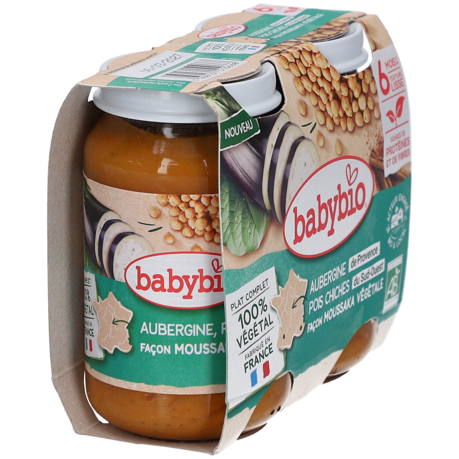 Emballage BABYBIO avec deux pots. Inscriptions: Aubergine Pois Chiche, 100% végétal, Fabriqué en France, 6 mois, texture lisse.