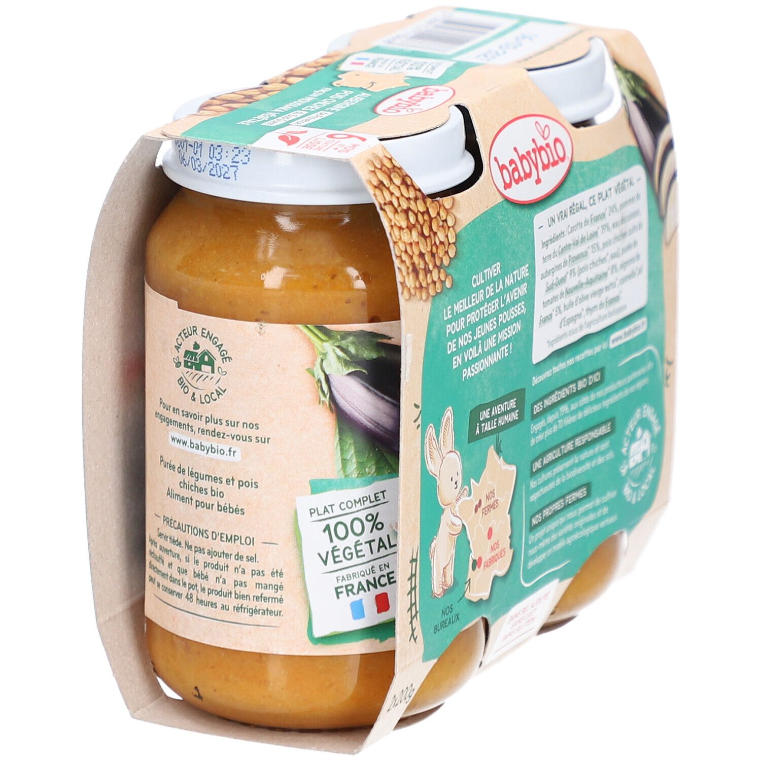 Emballage BABYBIO avec deux pots. Inscriptions: 100% végétal, Fabriqué en France, label bio, texte sur l'agriculture durable, sans lait, sans gluten.