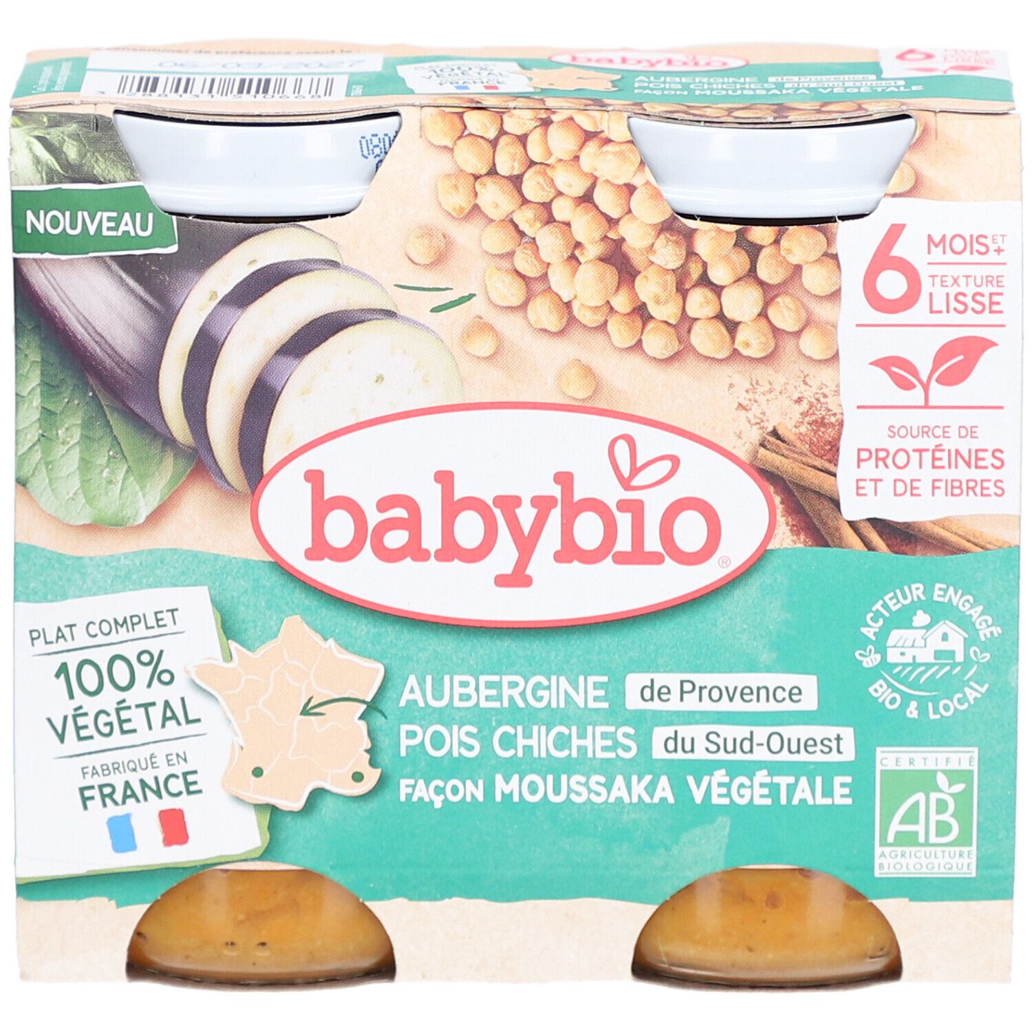 Emballage BABYBIO avec deux pots. Inscriptions: Aubergine Pois Chiche, 100% végétal, Fabriqué en France, 6 mois, texture lisse.