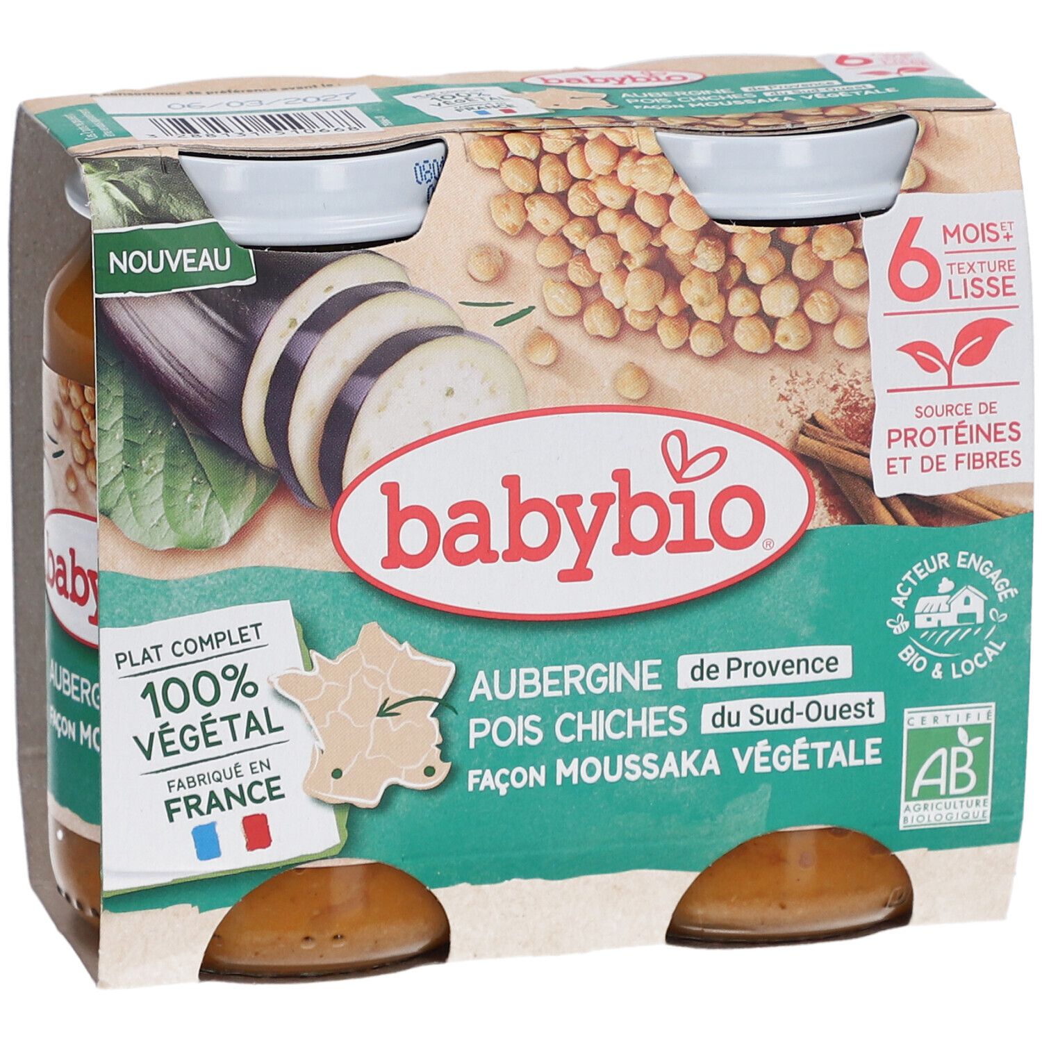 Emballage BABYBIO avec deux pots. Inscriptions: Aubergine Pois Chiche, 100% végétal, Fabriqué en France, 6 mois, texture lisse.