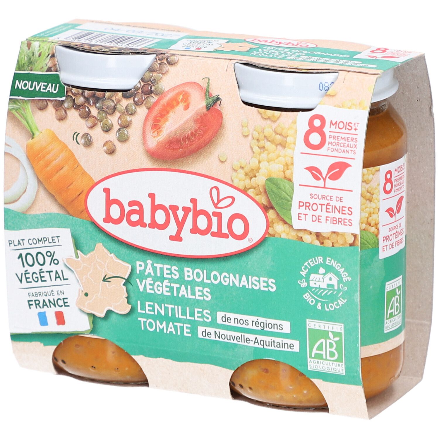 BABYBIO Pâtes Bolognaises Végétales, 4 pots. Carotte, tomate, lentilles. Label bio. "Nouveau" et "Fabriqué en France".