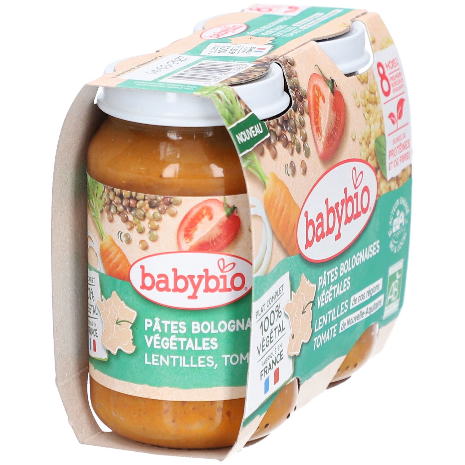 BABYBIO Pâtes Bolognaises Végétales, pot. Carotte, tomate, lentilles. Label bio. "Nouveau" et "Fabriqué en France".