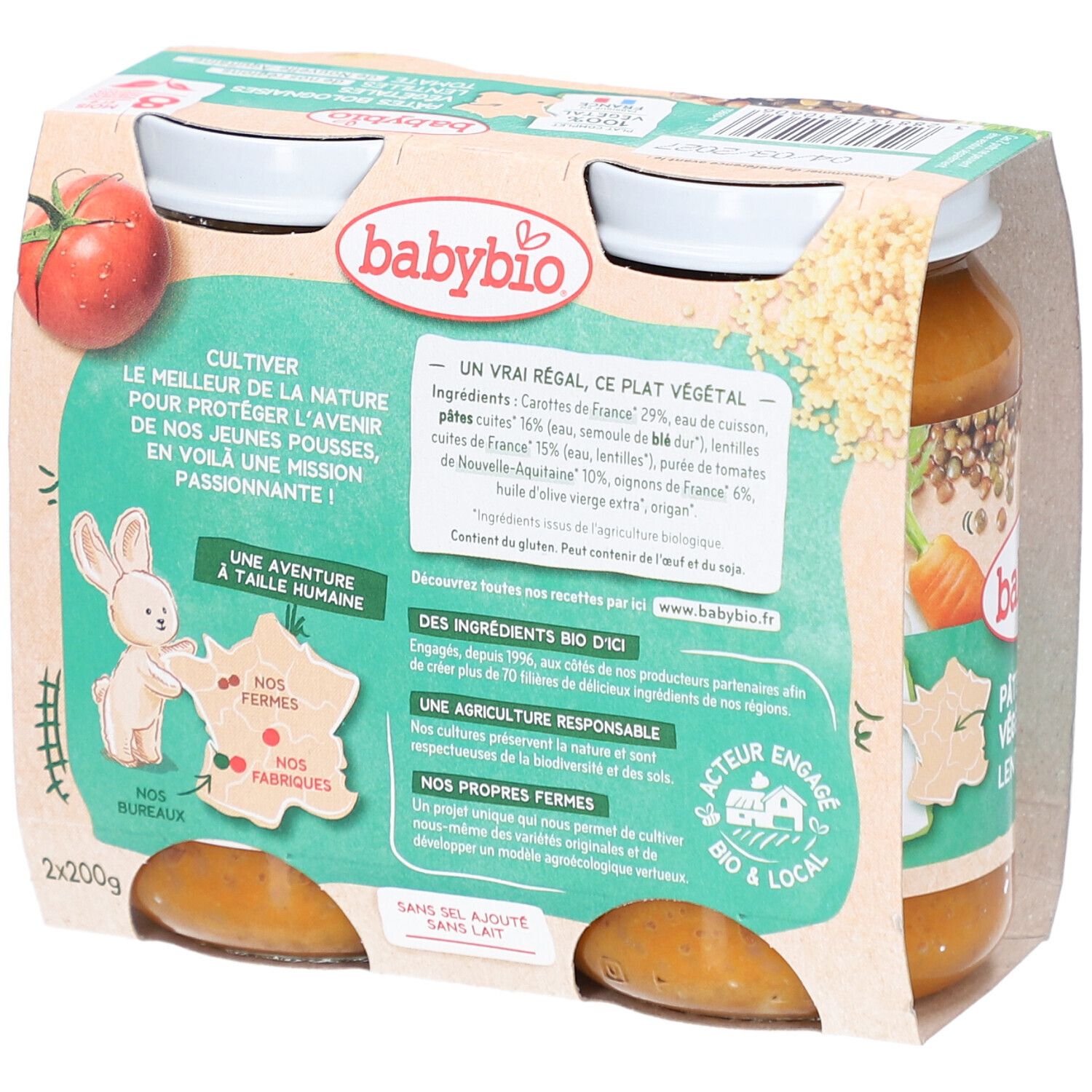 BABYBIO Pâtes Bolognaises Végétales, dos de l'emballage. Liste des ingrédients, label bio, "Nos Fermes".
