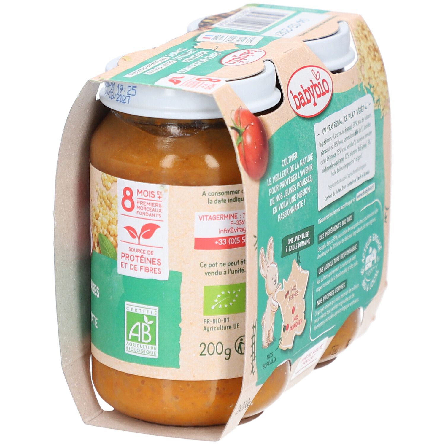 BABYBIO Pâtes Bolognaises Végétales, pot. Label bio, 8 mois+. Liste ingrédients. 200g. "Fabriqué en France".