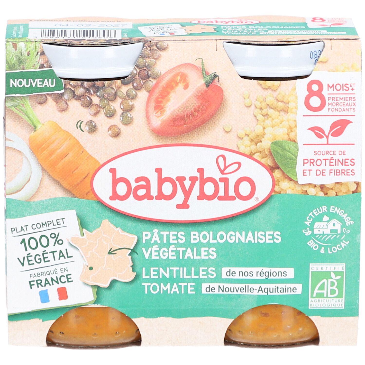 BABYBIO Pâtes Bolognaises Végétales, 4 pots. Carotte, tomate, lentilles. Label bio. "Nouveau" et "Fabriqué en France".