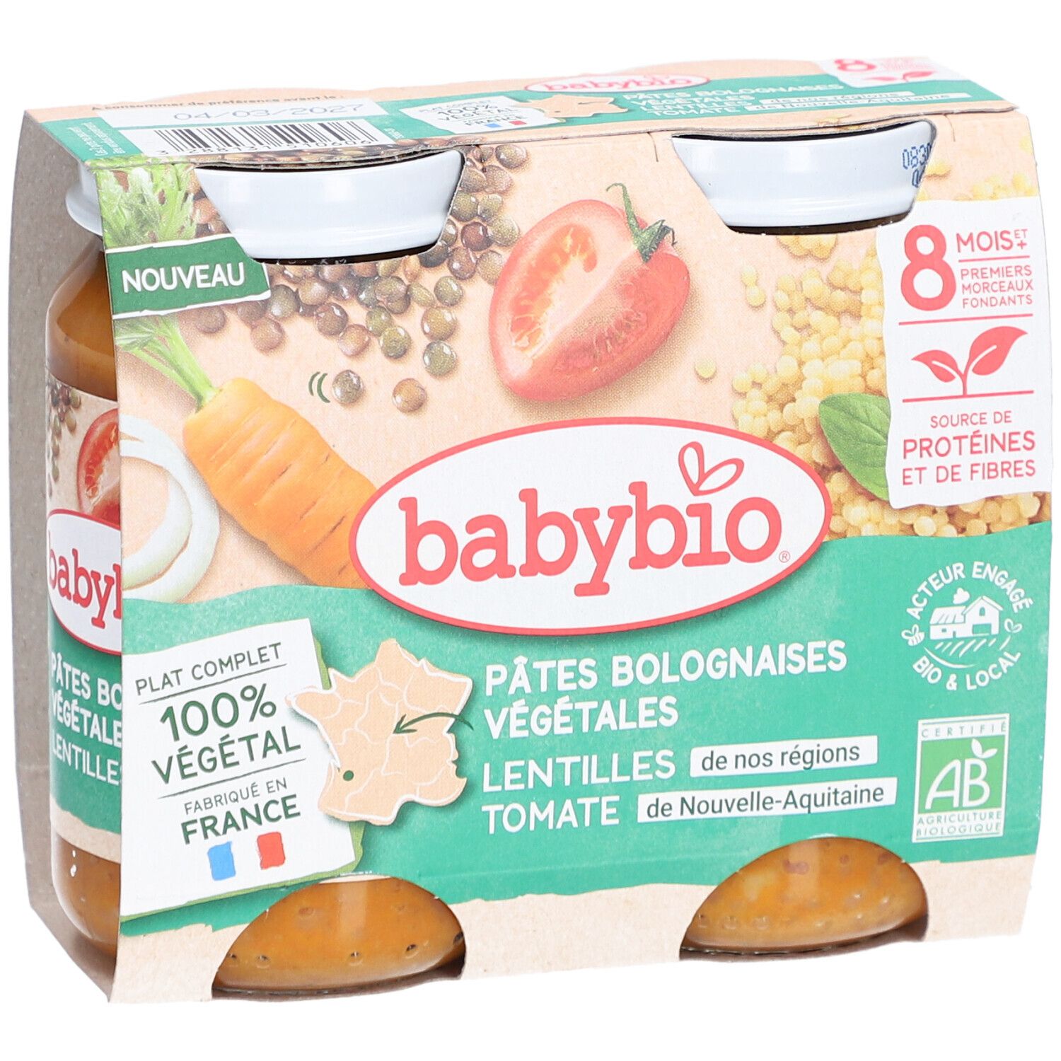 BABYBIO Pâtes Bolognaises Végétales, 4 pots. Carotte, tomate, lentilles. Label bio. "Nouveau" et "Fabriqué en France".