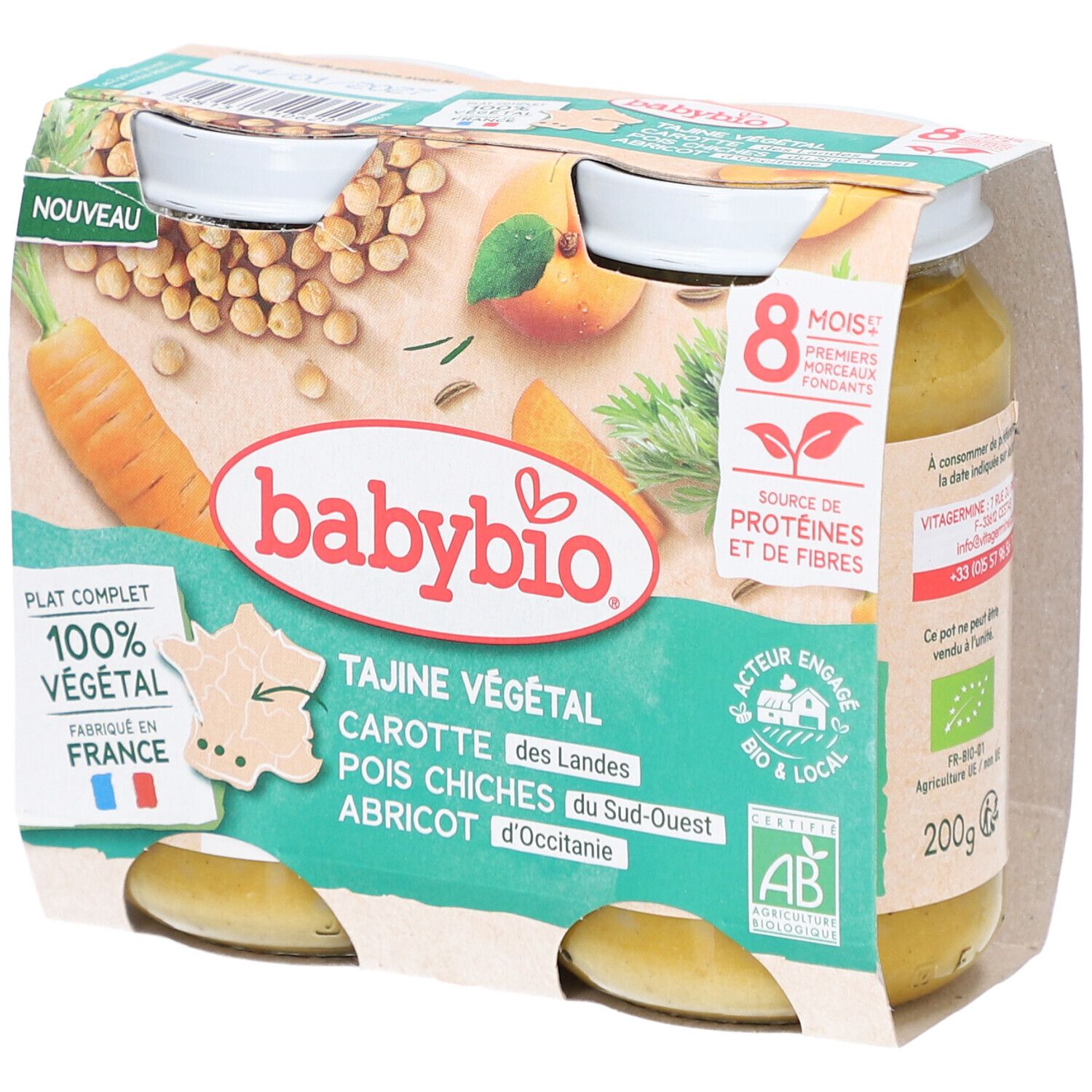 Pack de deux pots BABYBIO Tajine Végétal. Carottes, pois chiches, abricots. Certification bio.
