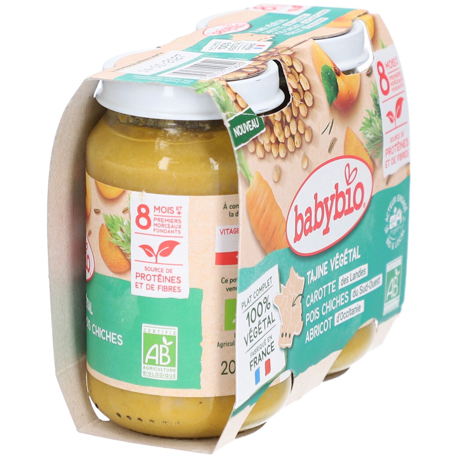 Pack de deux pots BABYBIO Tajine Végétal. Vue latérale du produit. Certification bio.