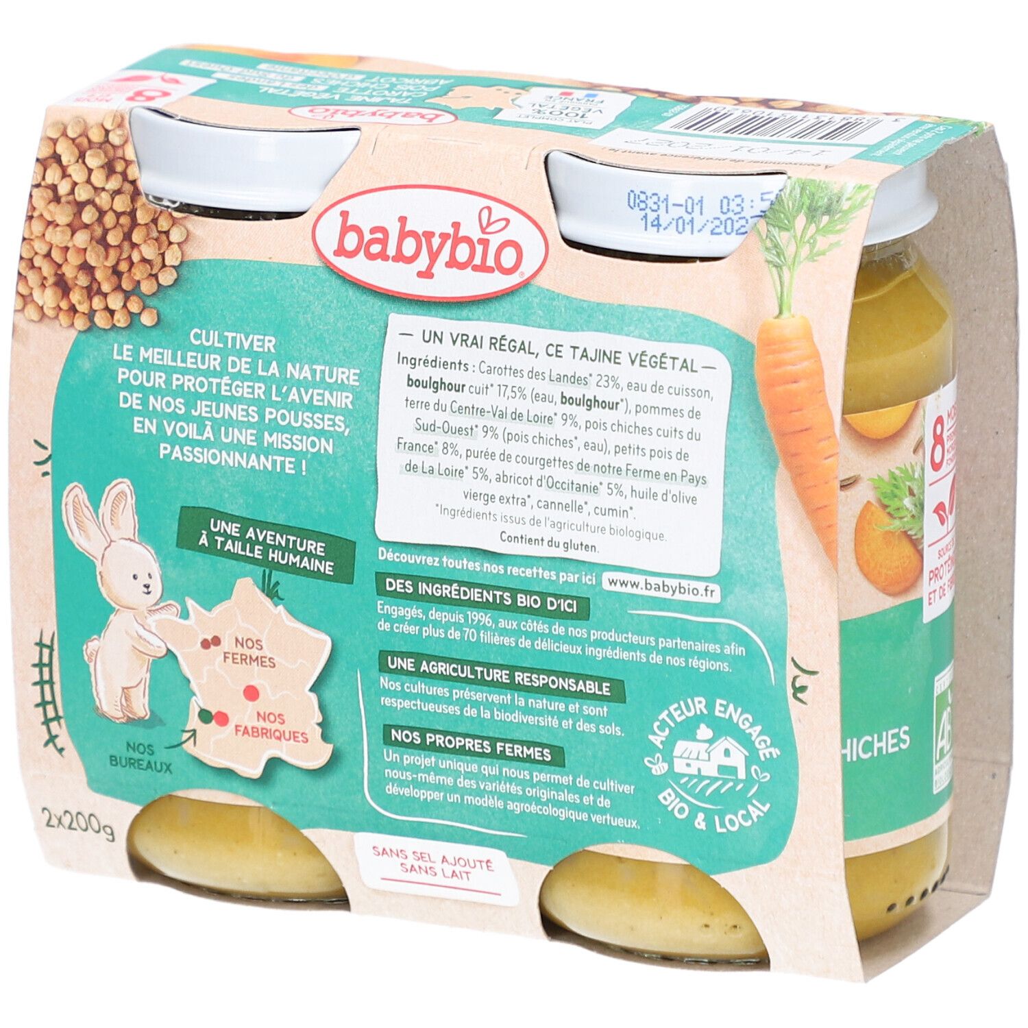 Dos du pack de deux pots BABYBIO Tajine Végétal. Texte et illustrations. Certification bio.