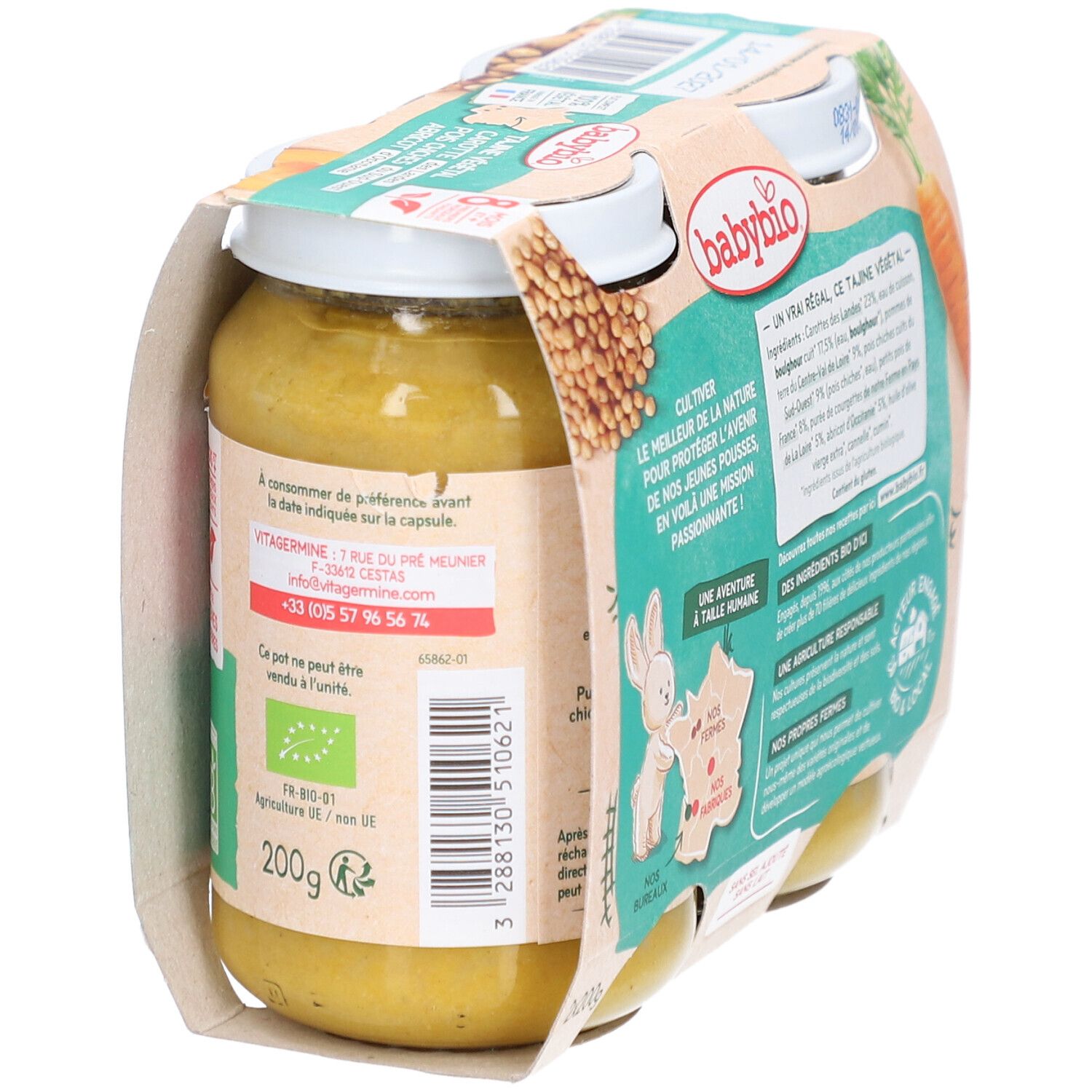 Dos du pack de deux pots BABYBIO Tajine Végétal. Vue détaillée. Certification bio.