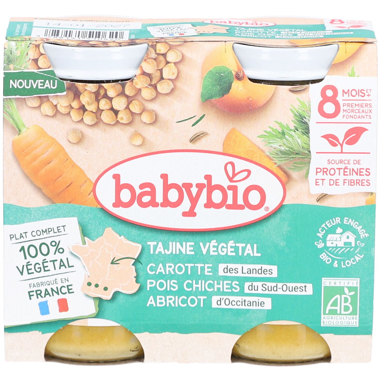 Pack de deux pots BABYBIO Tajine Végétal. Vue de face. Certification bio.