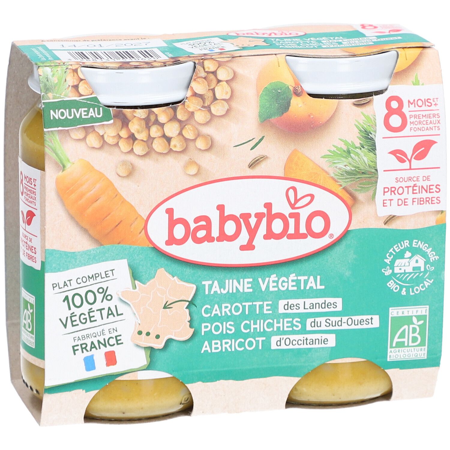 Pack de deux pots BABYBIO Tajine Végétal. Vue du produit. Certification bio.