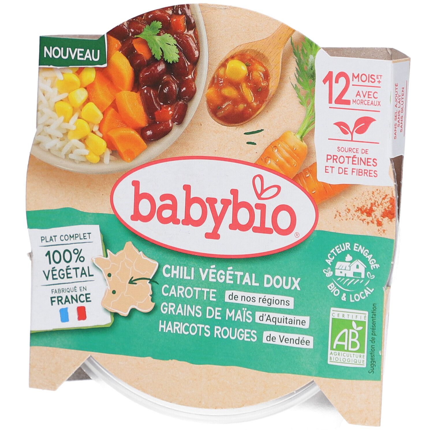 BABYBIO Chili Végétal Doux, Karotten, Maiskörner, rote Bohnen. Verpackung mit Produktabbildung, Text: 100% végétal, Fabriqué en France.