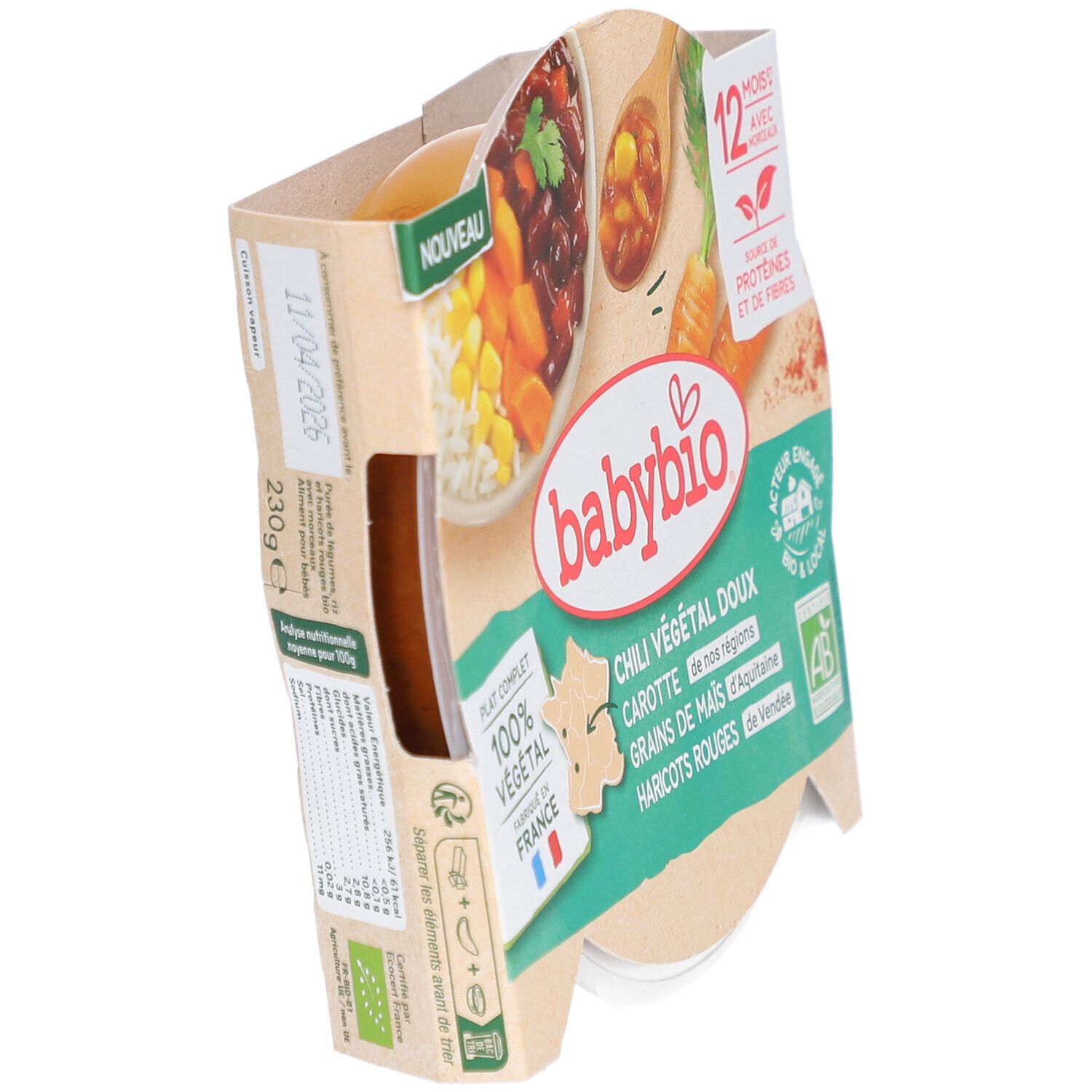 BABYBIO Chili Végétal Doux Verpackung, Seitenansicht. Produktname, Zutatenliste, Haltbarkeitsdatum, Text: 100% végétal, Fabriqué en France.