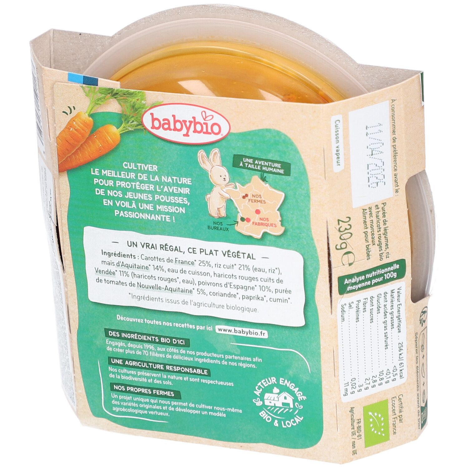 BABYBIO Chili Végétal Doux Verpackung, Rückseite. Zutatenliste, Nährwertangaben, Text: Bio, Herkunft, 230g.