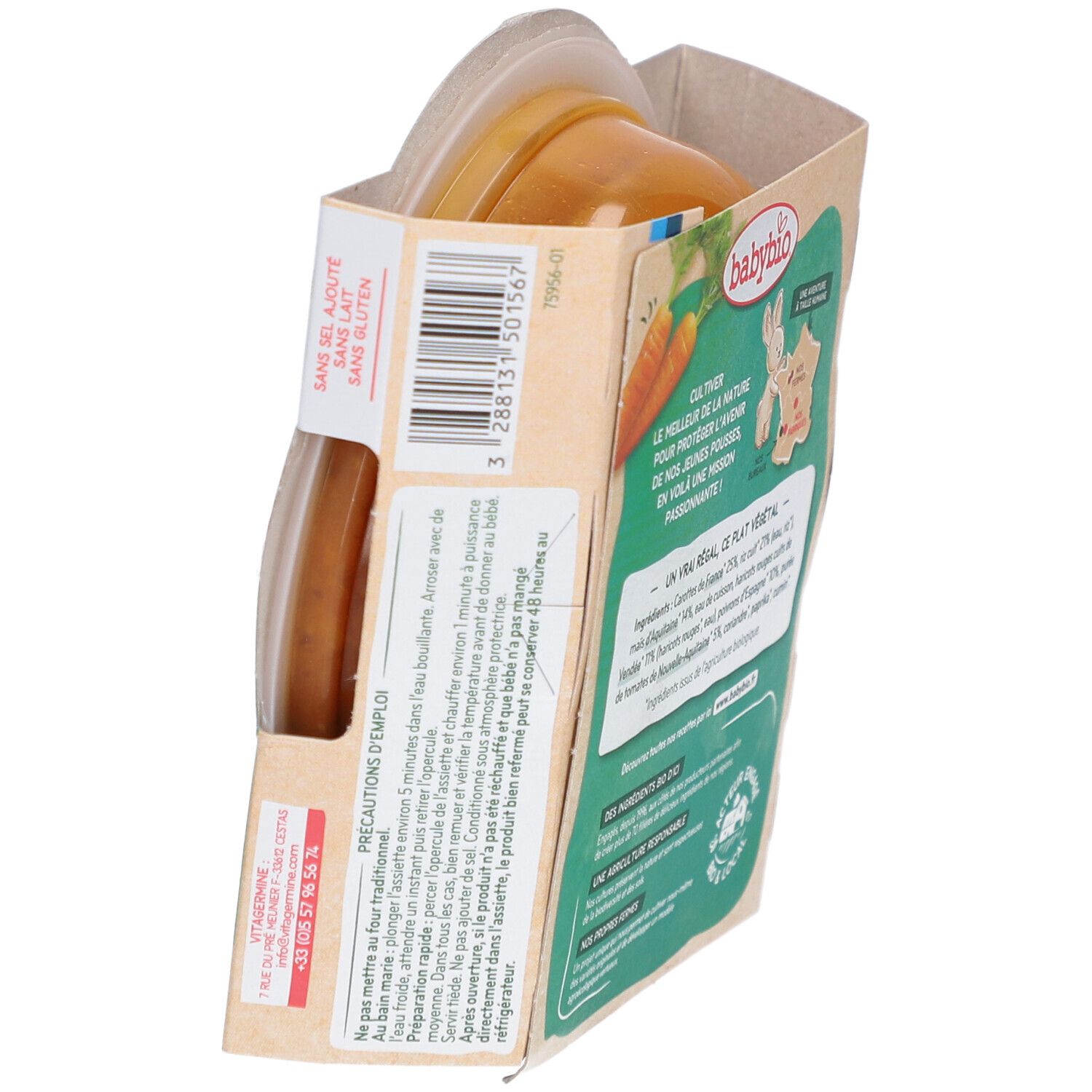BABYBIO Chili Végétal Doux Verpackung, Seitenansicht. Text: Ohne Zusatz von Salz, ohne Gluten. Zubereitungshinweise, Telefonnummer.