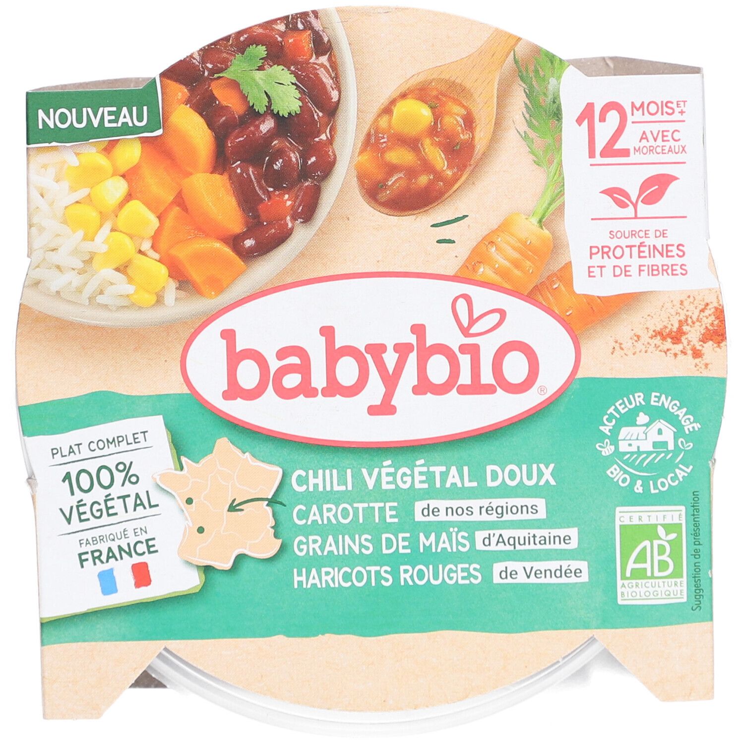 BABYBIO Chili Végétal Doux, Karotten, Maiskörner, rote Bohnen. Verpackung mit Produktabbildung, Text: 100% végétal, Fabriqué en France.