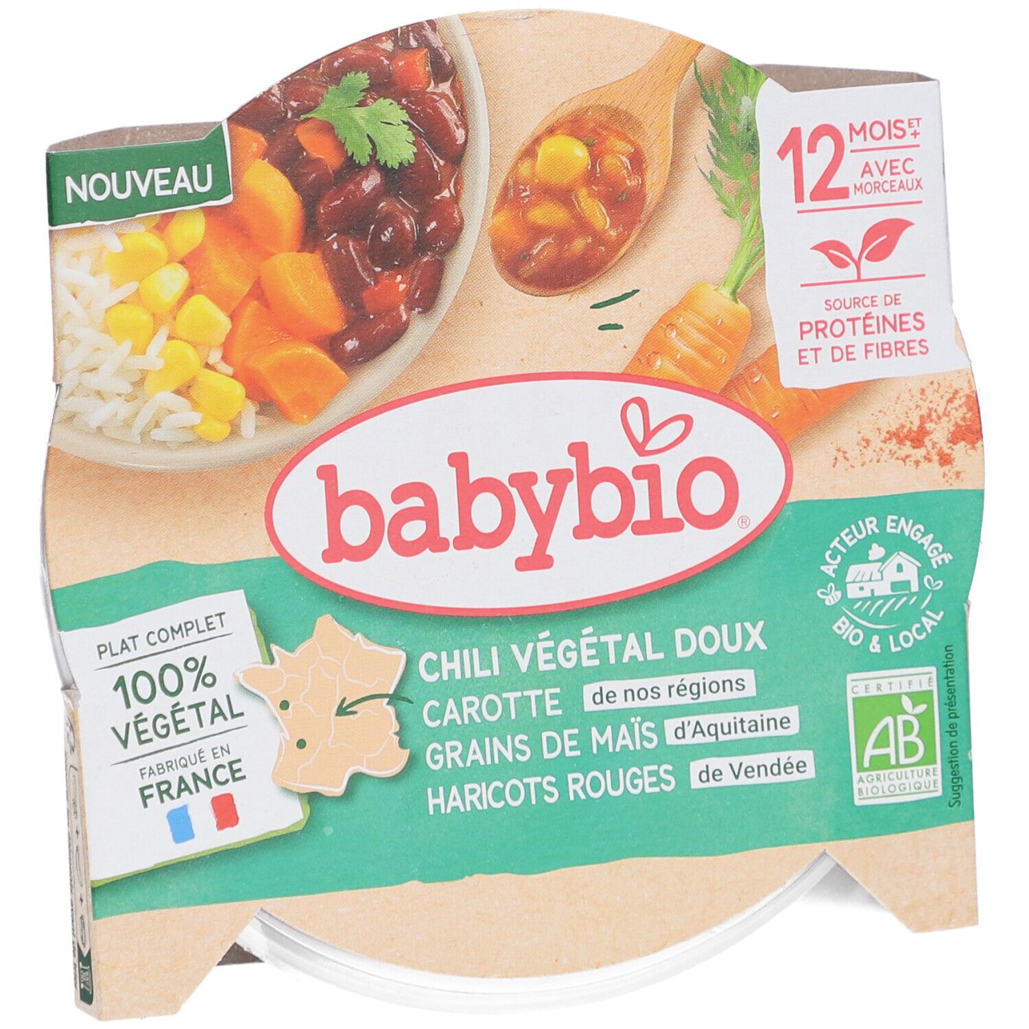 BABYBIO Chili Végétal Doux, Karotten, Maiskörner, rote Bohnen. Verpackung mit Produktabbildung, Text: 100% végétal, Fabriqué en France.
