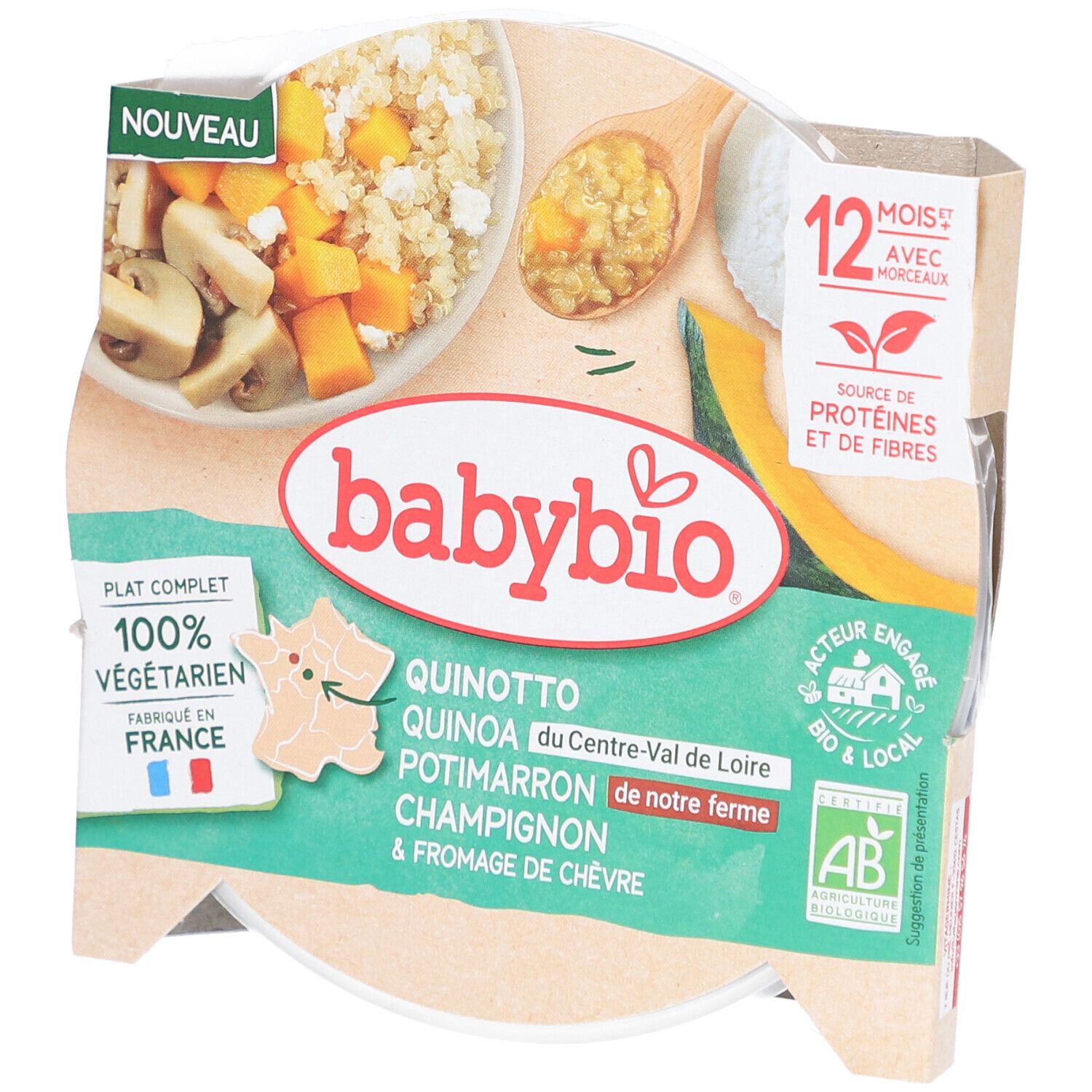 Fertiggericht für Babys. Babybio-Logo. Quinotto mit Quinoa, Kürbis, Champignons und Ziegenkäse. 100% vegetarisch, hergestellt in Frankreich.