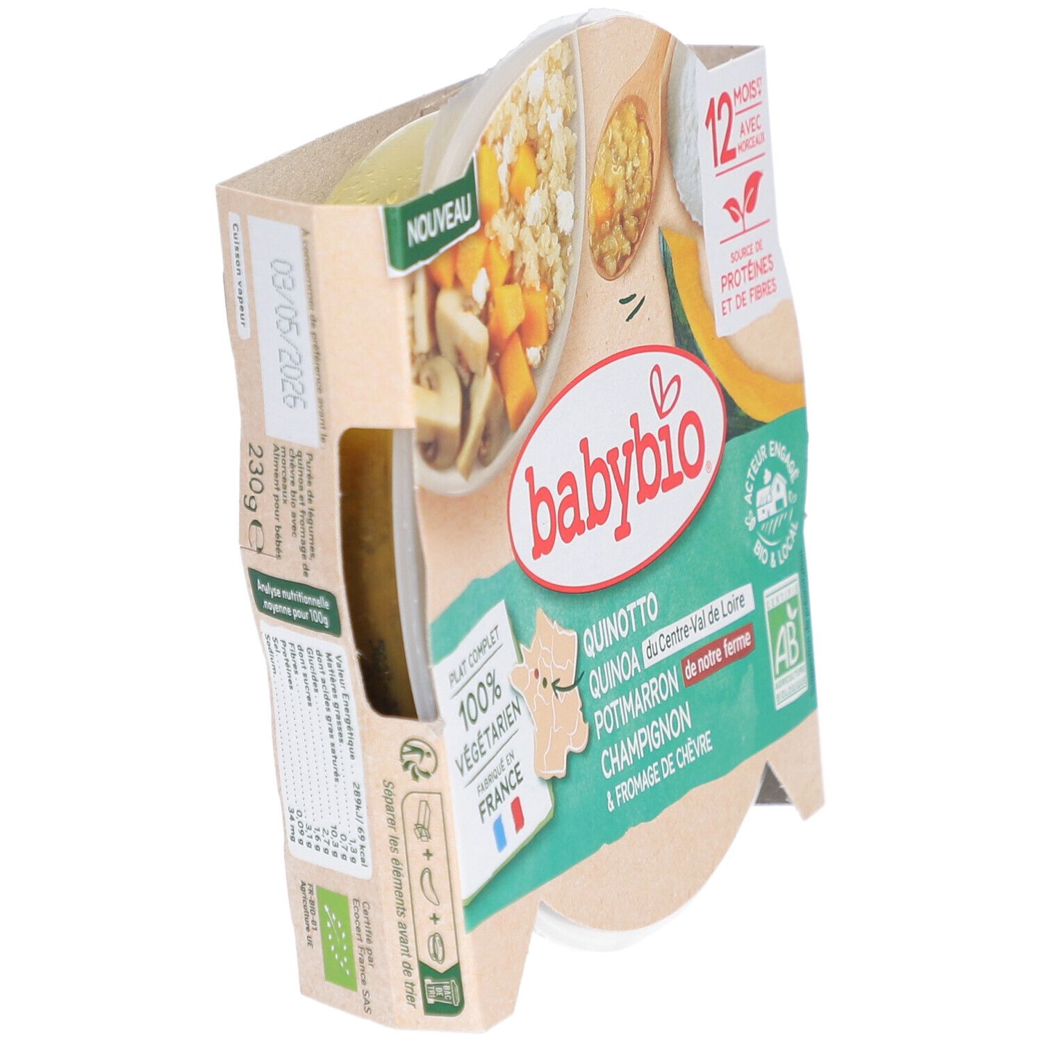 Babybio-Fertiggericht in Verpackung. Quinotto mit Quinoa, Kürbis, Champignons und Ziegenkäse. 12 Monate+. AB-Logo. Hergestellt in Frankreich.